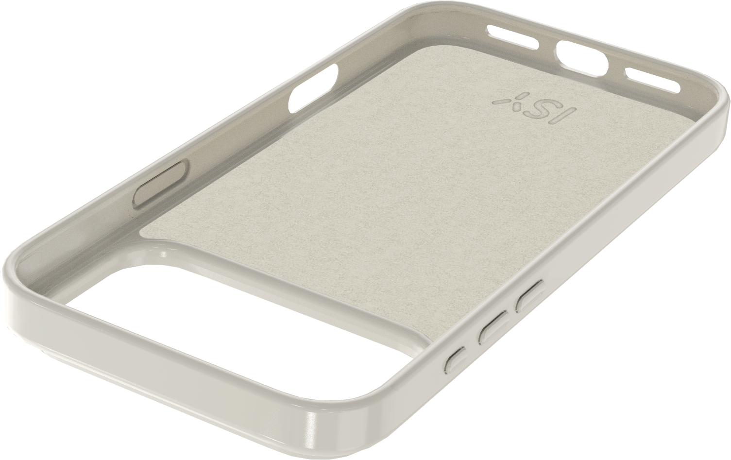 Une coque de téléphone beige. Elle a des ouvertures pour les boutons et l'appareil photo. L'intérieur a une surface texturée, avec un logo.