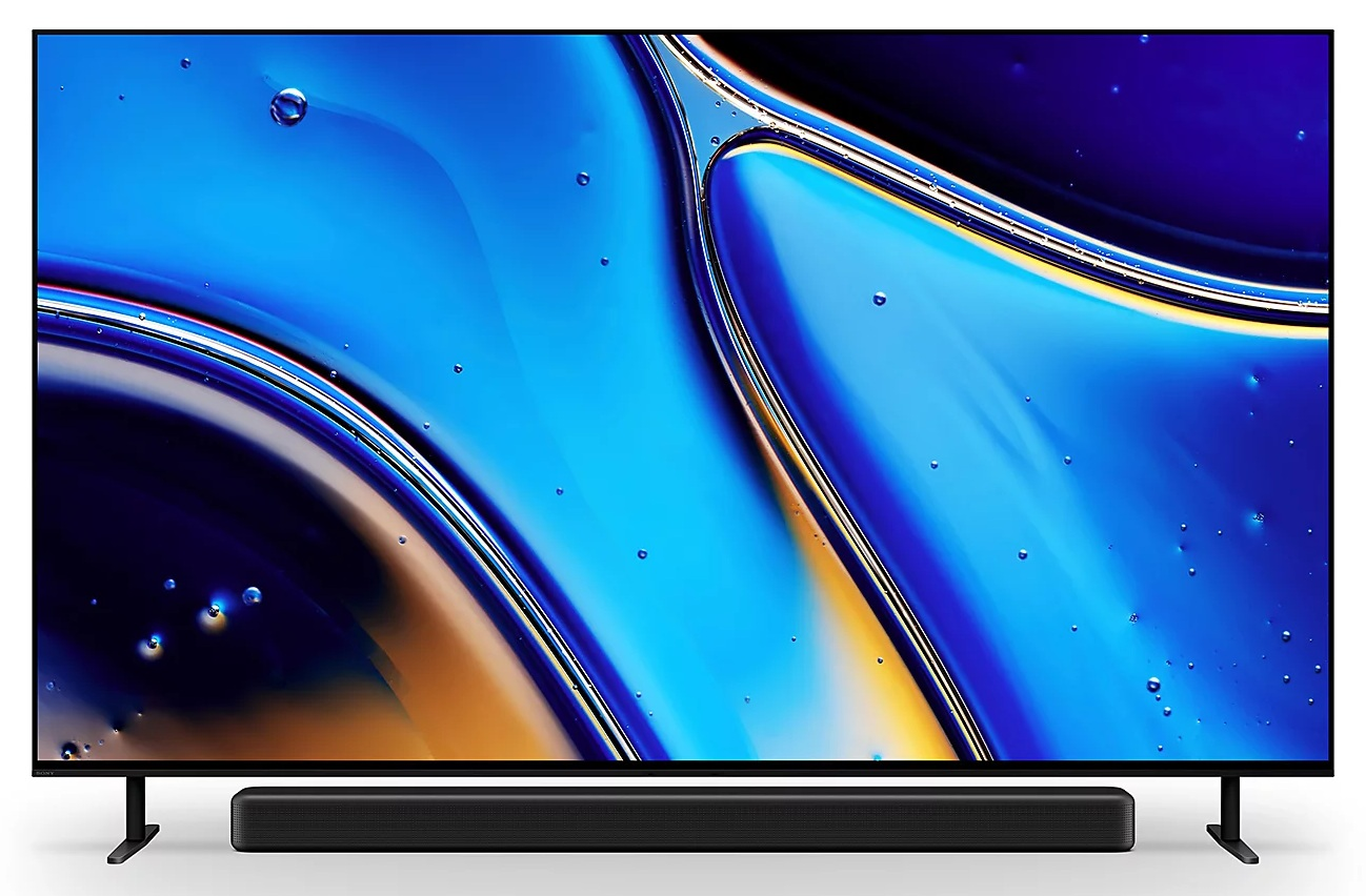 Duży telewizor wyświetla niebiesko-żółty abstrakcyjny obraz. Pod ekranem znajduje się czarny soundbar.