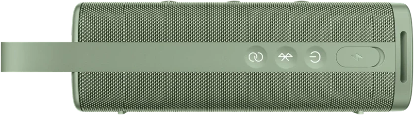 Egy zöld téglalap alakú hangszóró fogantyúval. Párosítás, Bluetooth, bekapcsolás és villám szimbólum vezérlőgombjai vannak.