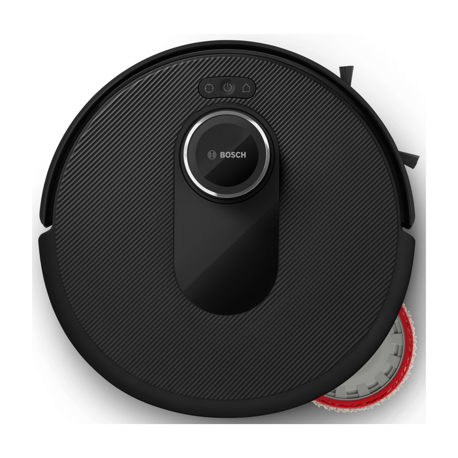 Un aspirapolvere robotico circolare nero con il logo Bosch. Ha una superficie strutturata con pulsanti e una spazzola.
