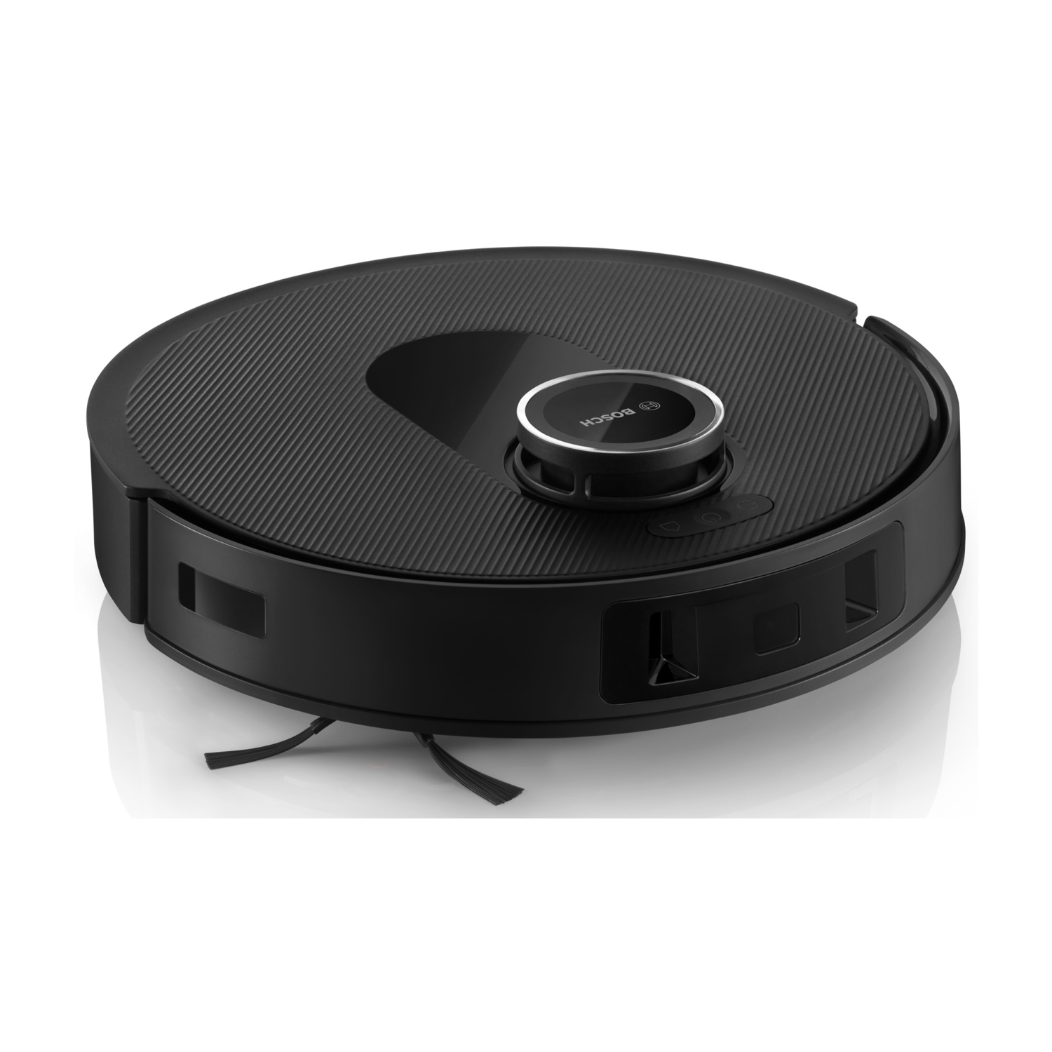 Un aspirapolvere robotico Bosch nero. È rotondo, con la parte superiore strutturata e un anello argentato con il marchio. Ha due spazzole.