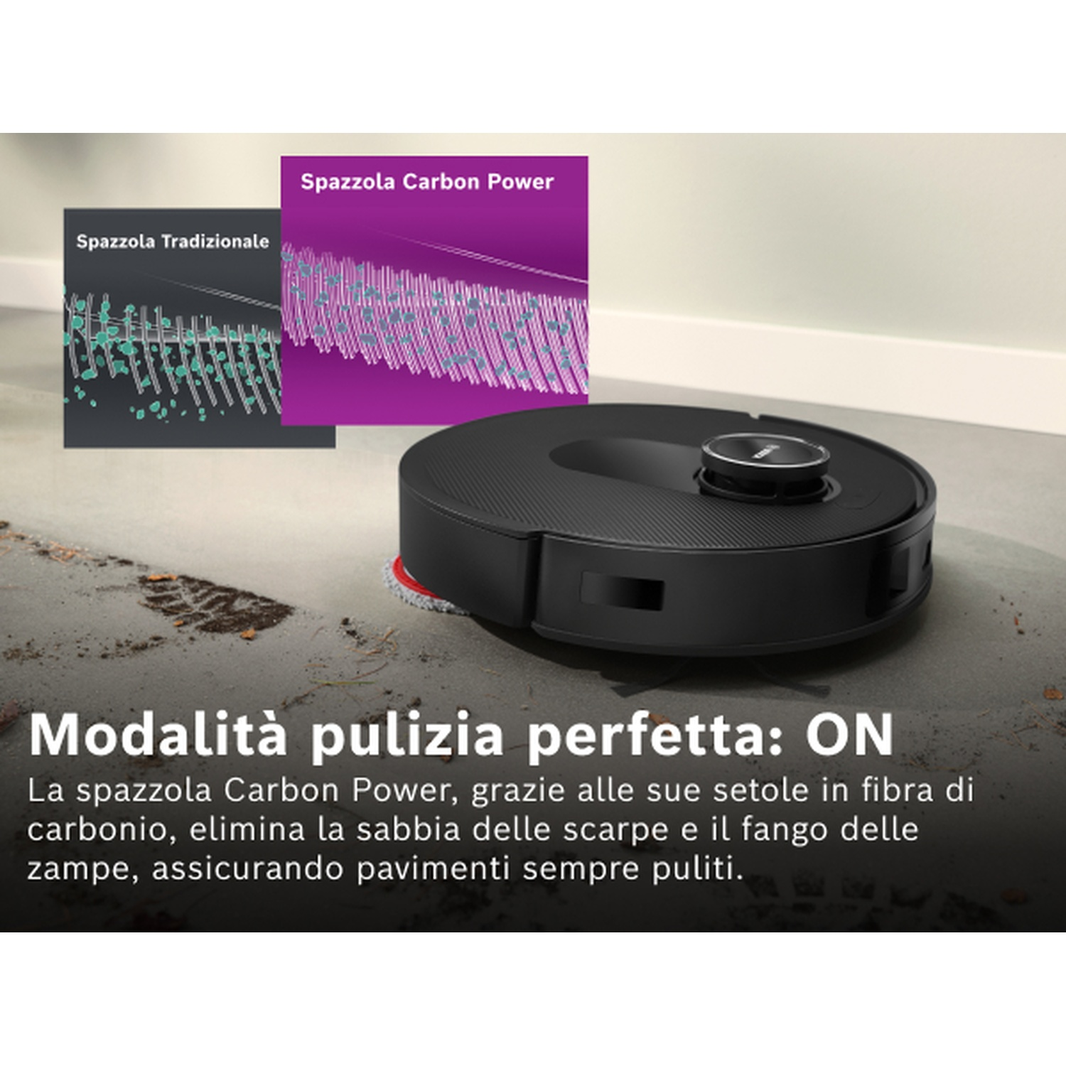 Un aspirapolvere robotico nero su un pavimento sporco. Ci sono due diagrammi che mostrano le spazzole di pulizia.