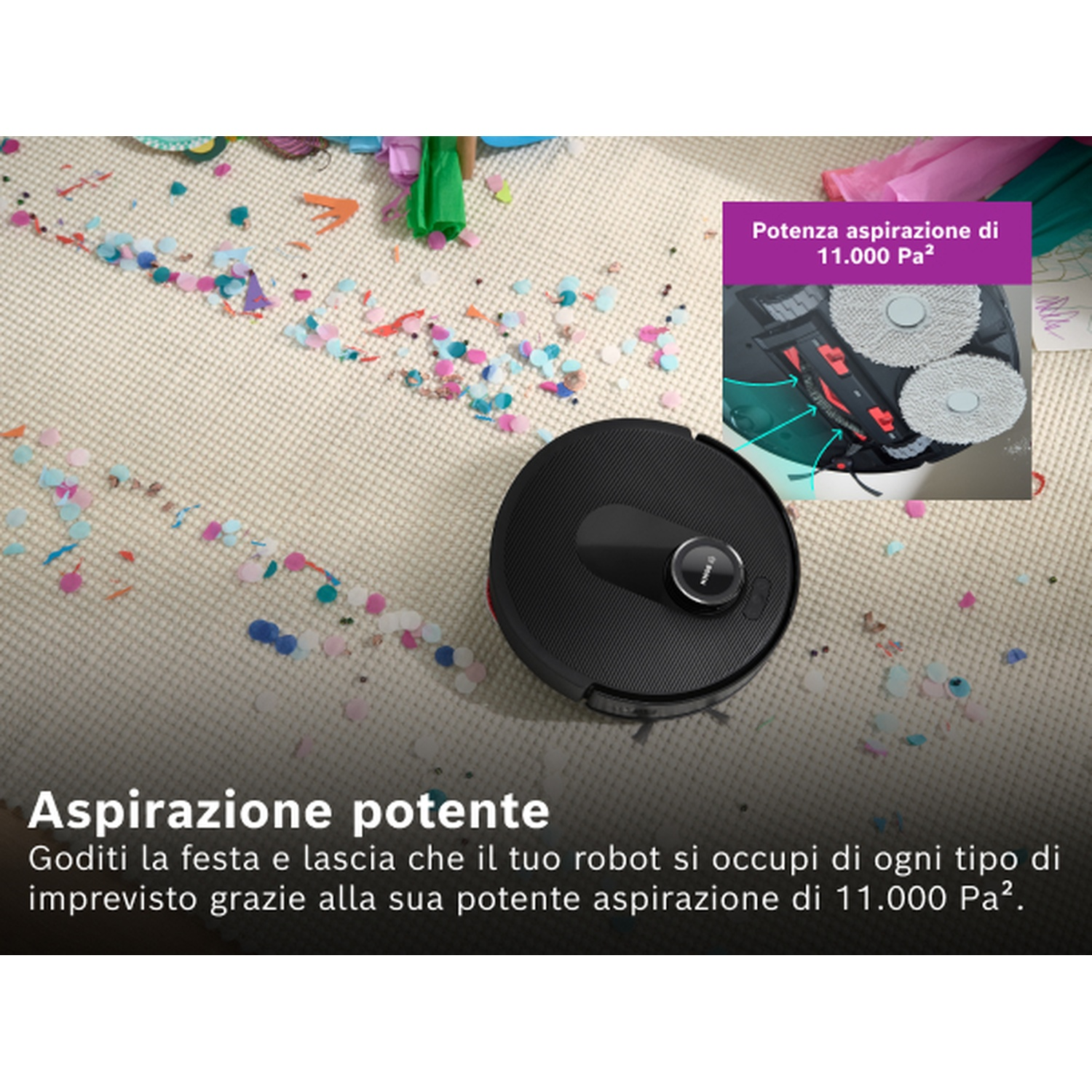 Un aspirapolvere robot nero su un tappeto beige cosparso di coriandoli. L'inserto mostra l'aspirapolvere con i panni per la pulizia e il testo.
