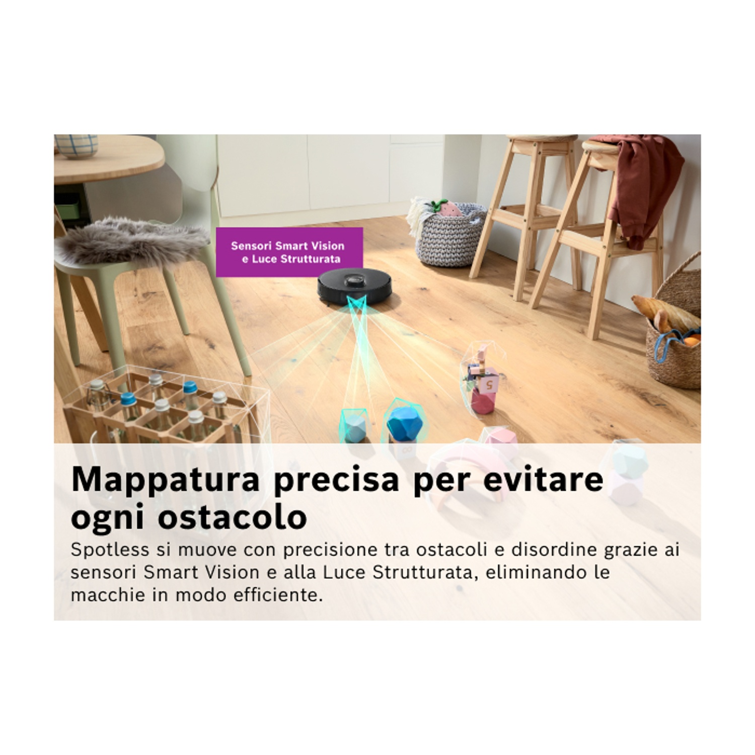 Un robot aspirapolvere naviga su un pavimento in legno. Sono visibili giocattoli e mobili sparsi. Il testo sopra dice: 'mappatura precisa per evitare ostacoli'.