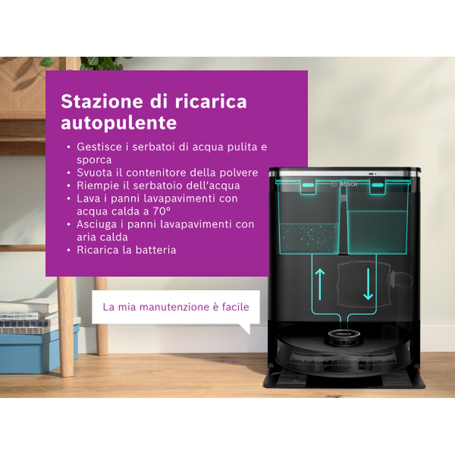 L'immagine mostra una stazione per aspirapolvere autopulente con un riquadro informativo viola. Gestisce serbatoi d'acqua, polvere e asciuga i panni.