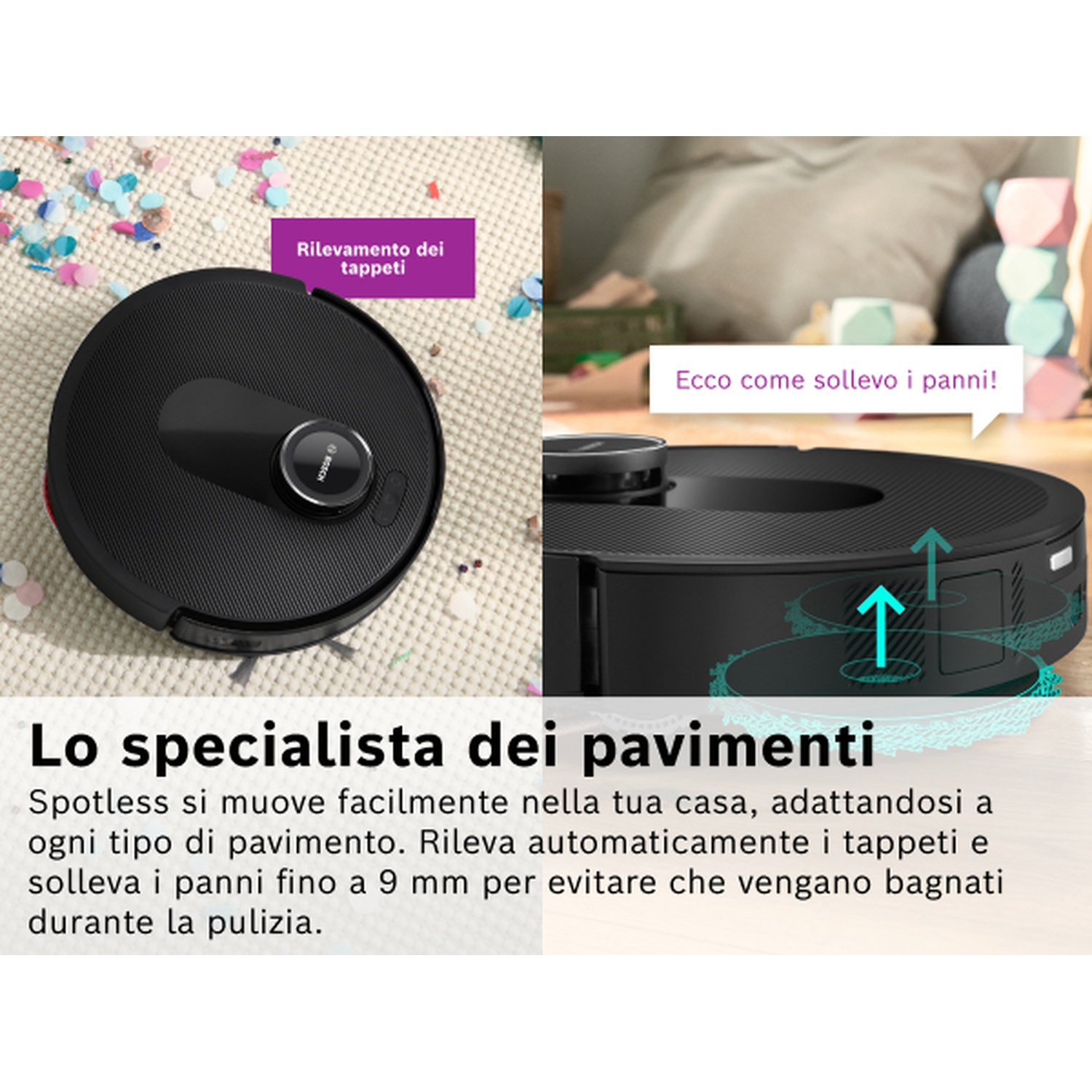 Un aspirapolvere robot nero su un tappeto chiaro. Il testo indica che rileva i tappeti e solleva i panni per la pulizia.