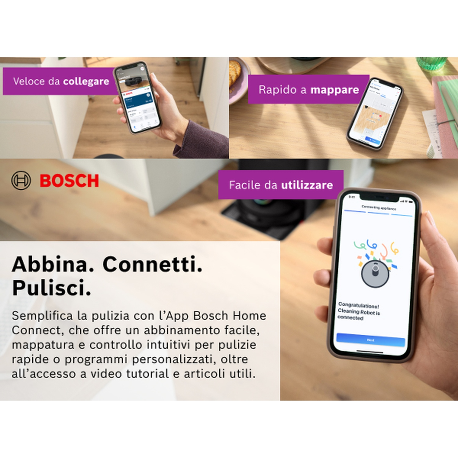 L'immagine mostra uno smartphone che visualizza l'app Bosch Home Connect. Mostra la connessione di un robot di pulizia.