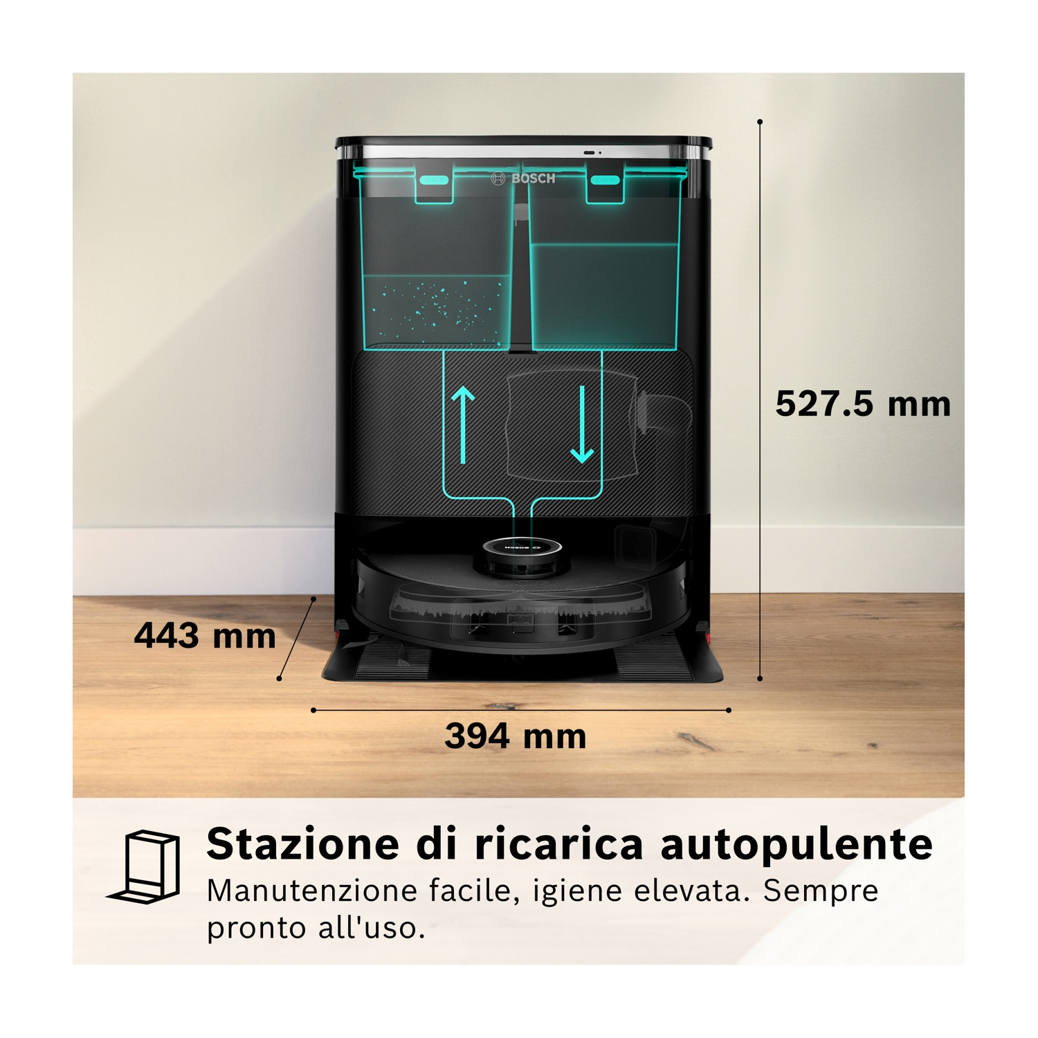 Un aspirapolvere Bosch nero e stazione di ricarica. Vengono mostrate le dimensioni. Il testo dice: stazione di ricarica autopulente, facile manutenzione.
