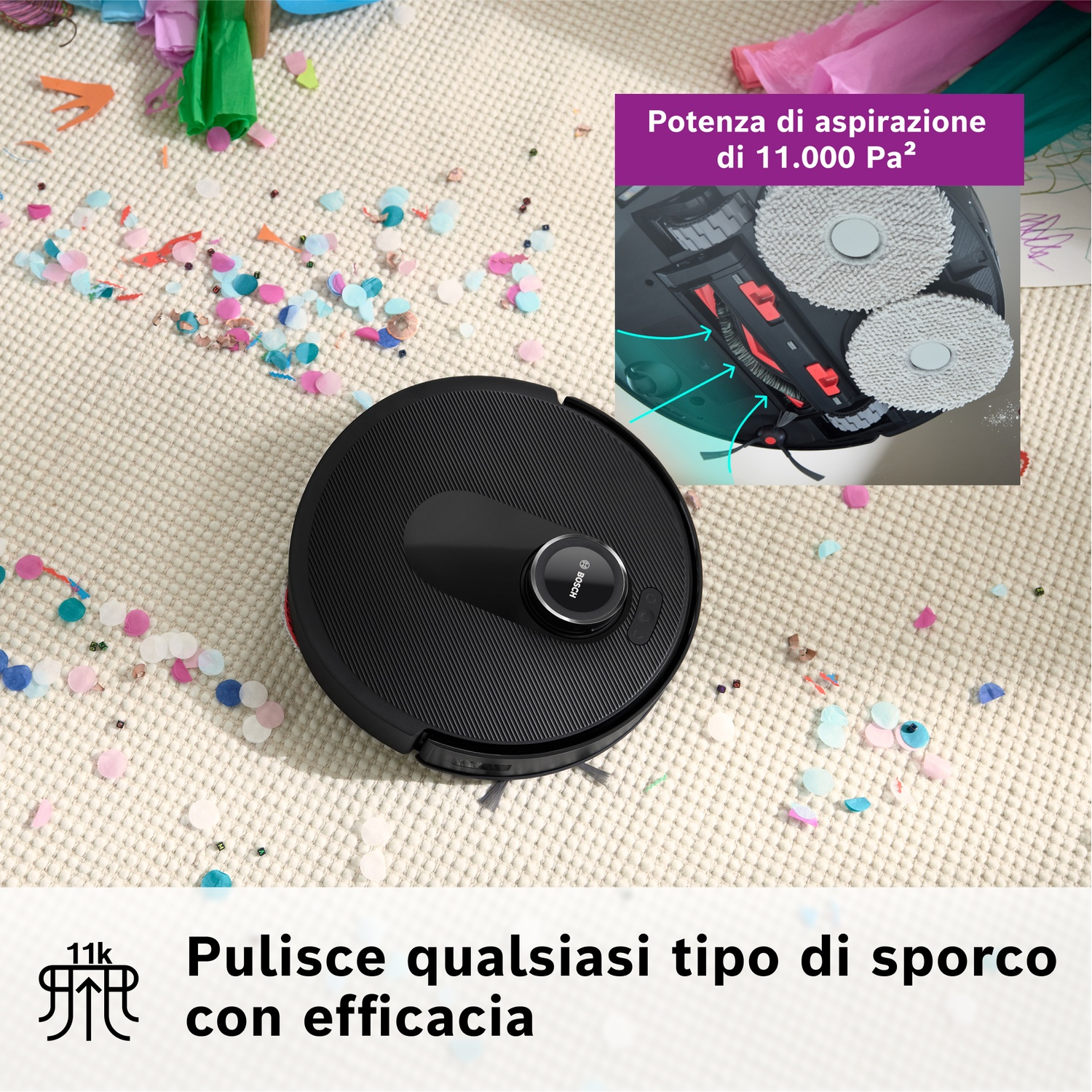 Un aspirapolvere robotico nero su un tappeto beige cosparso di coriandoli. L'inserto mostra le testine di pulizia.