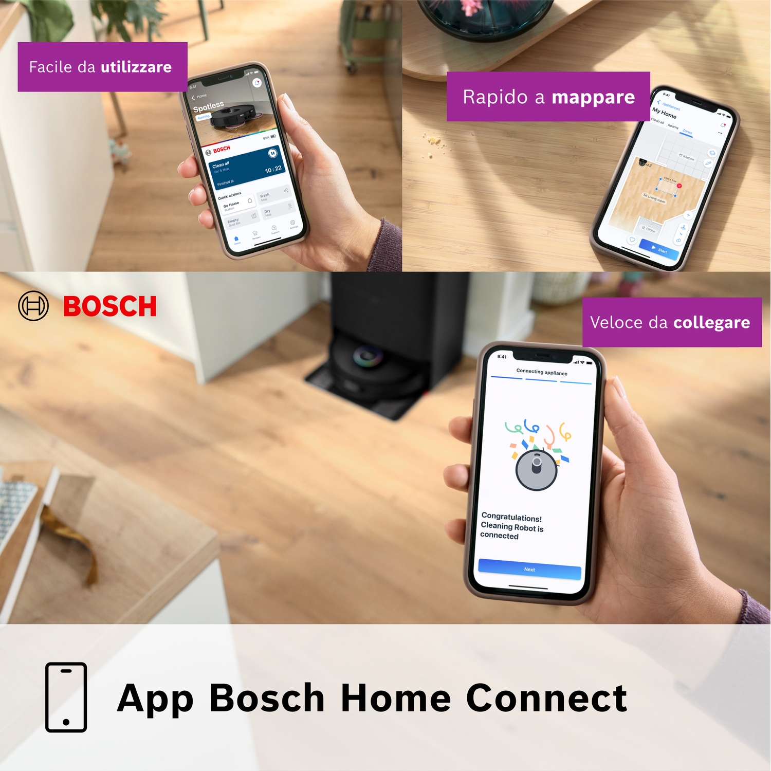 L'immagine mostra un telefono con l'app Bosch Home Connect. Mostra il robot aspirapolvere, la mappatura e il processo di connessione.