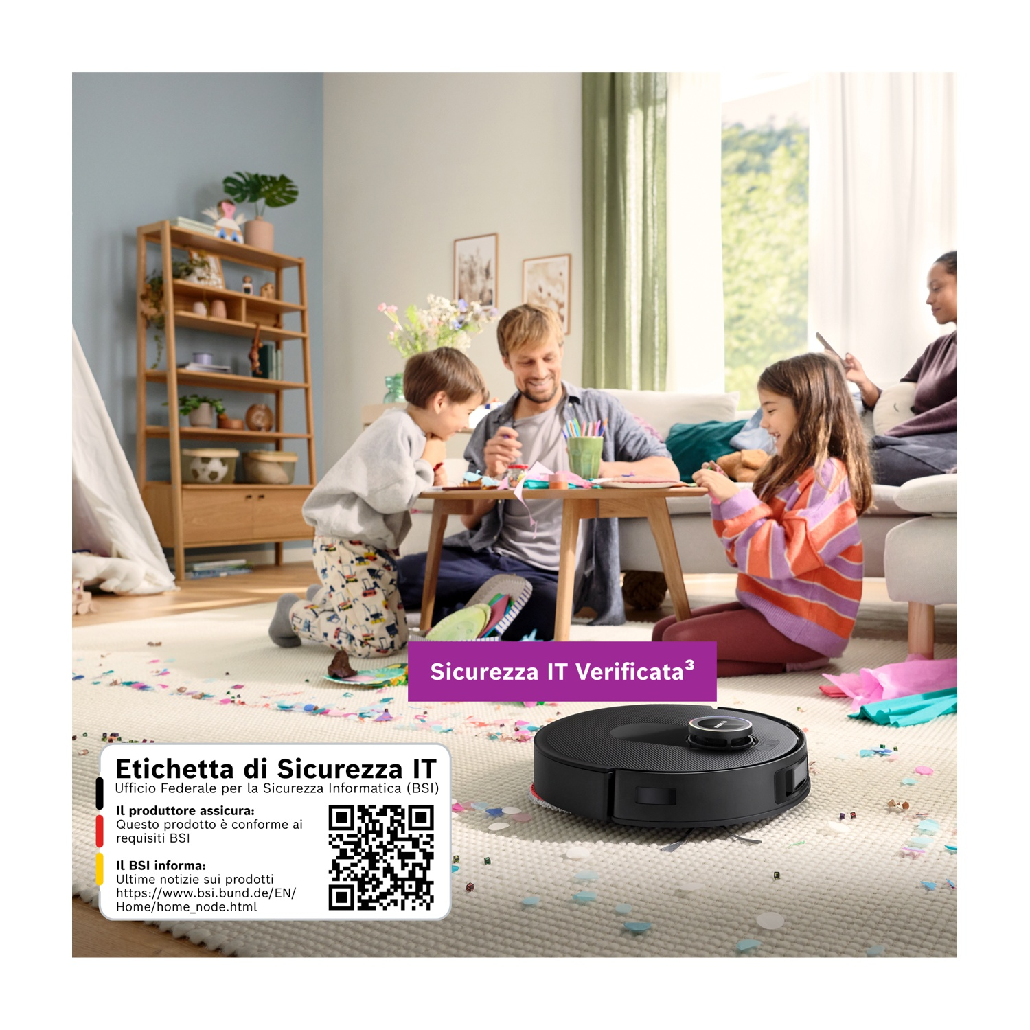 Famiglia che crea su un tappeto, aspirapolvere robot, etichetta di sicurezza, bambini, papà, mamma, giocattoli, libreria e coriandoli.