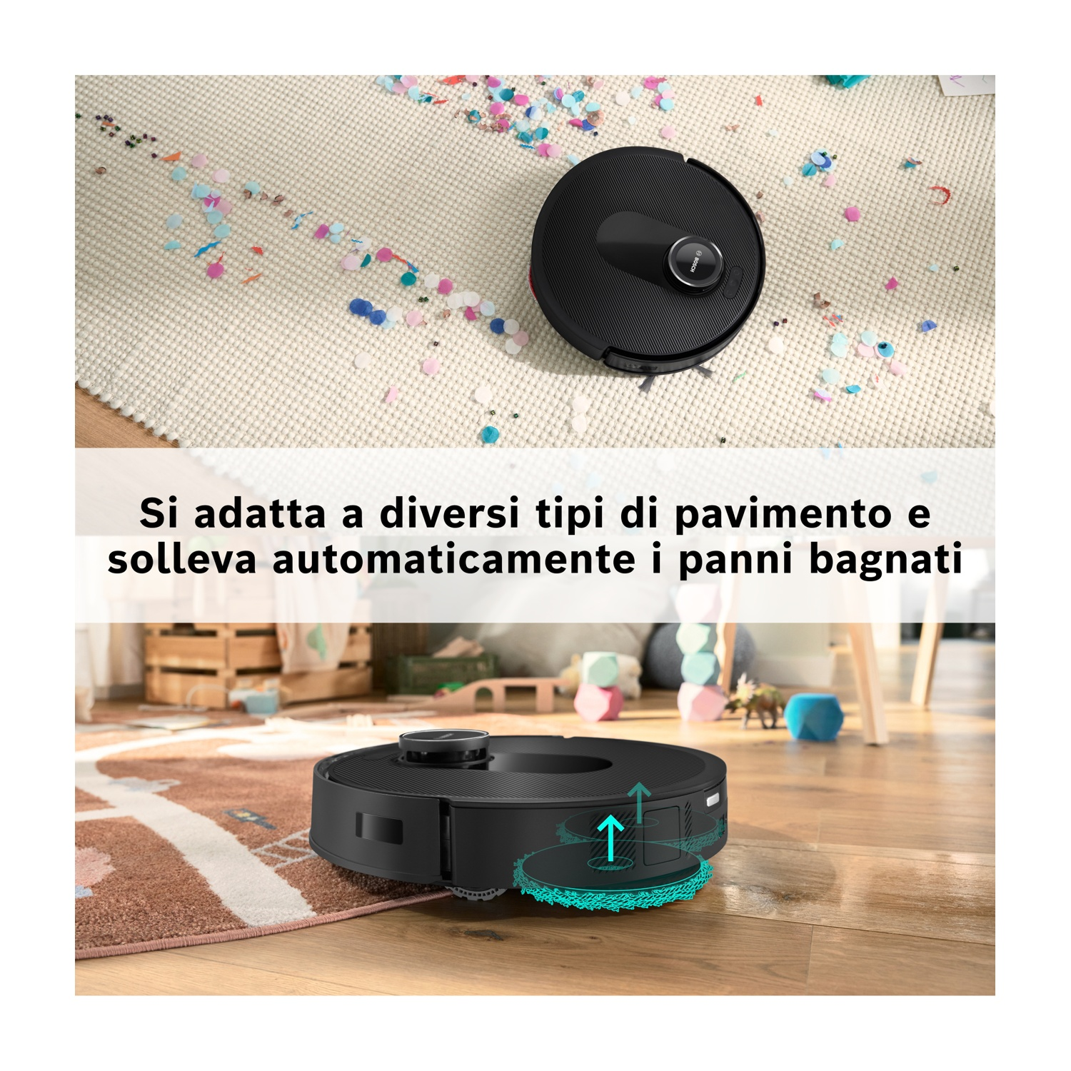 Un aspirapolvere robot nero su un tappeto con coriandoli. L'aspirapolvere solleva il suo mocio.