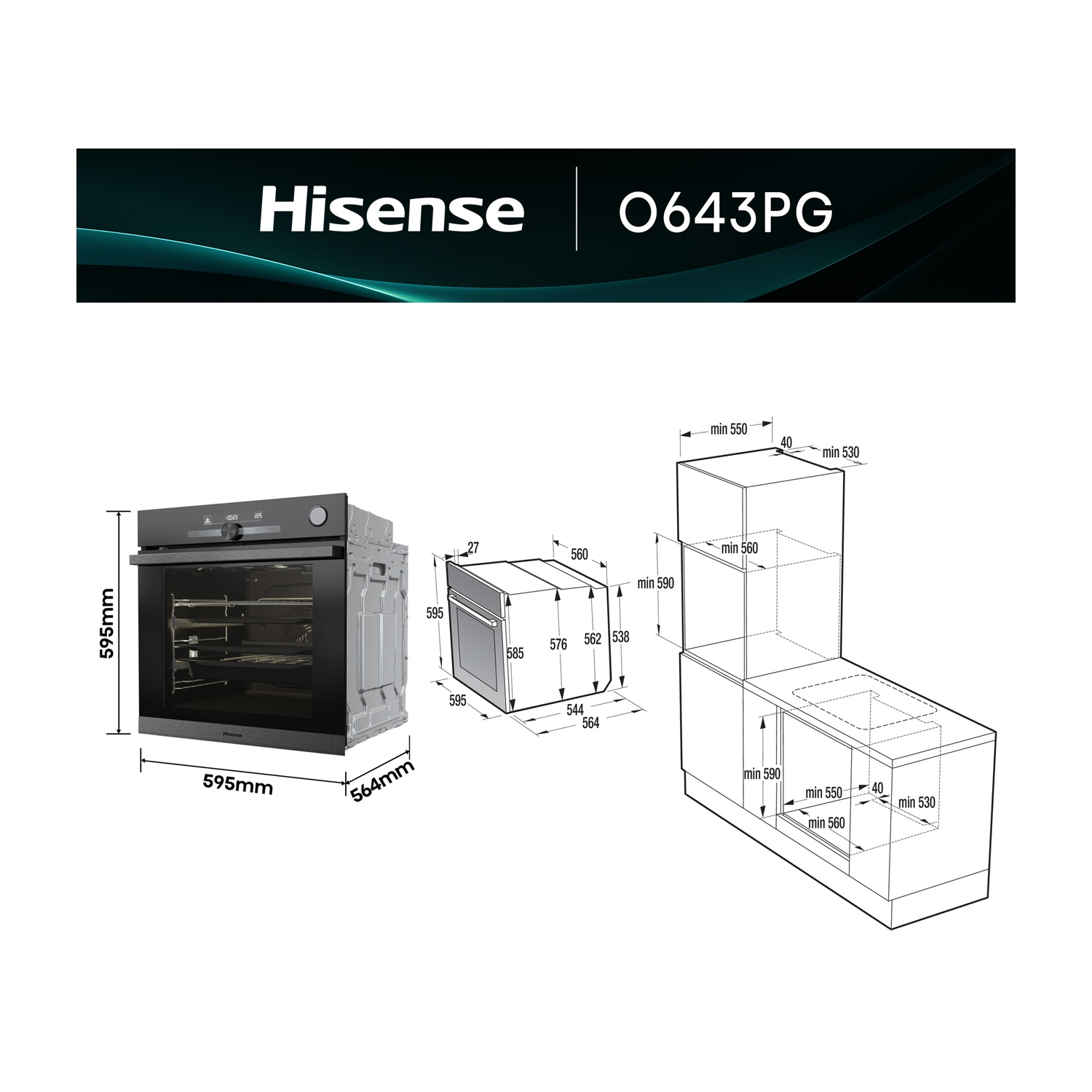 Diagramma di un forno Hisense con dimensioni. Include il forno e uno schema di un mobile con misure.