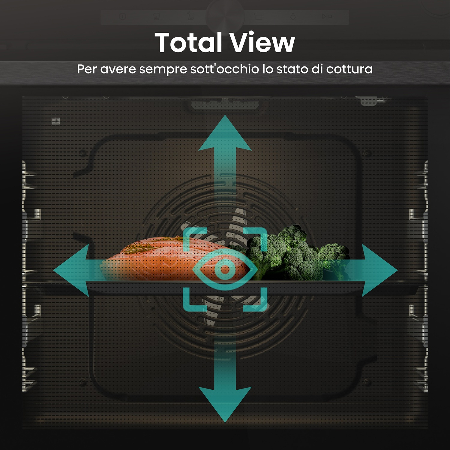 All'interno di un forno, vengono mostrati salmone e broccoli. Frecce con un'icona a forma di occhio evidenziano il cibo, con la scritta "Total View".