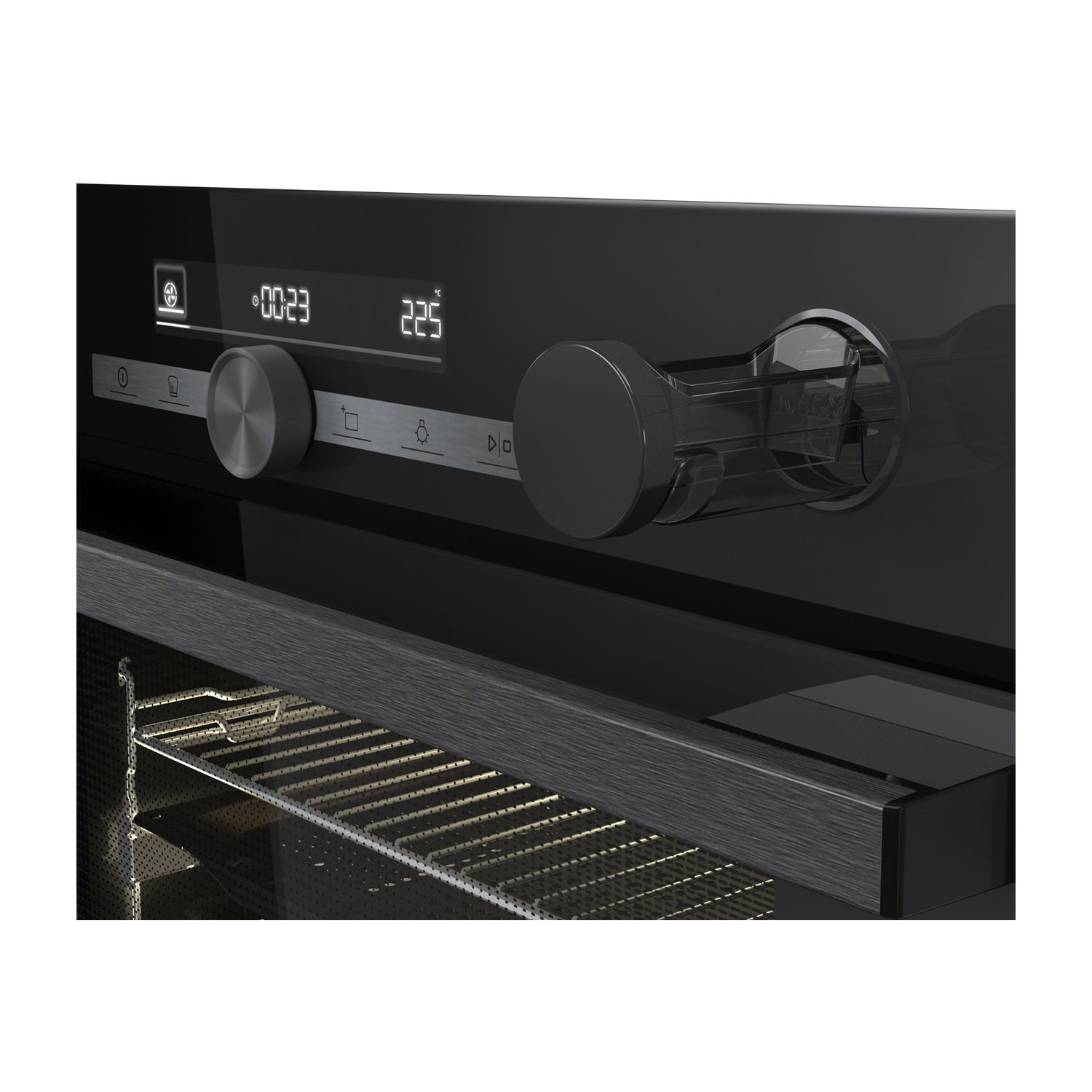 Primo piano di un forno nero. Il display digitale mostra tempo e temperatura. Sono visibili manopole e una maniglia. All'interno c'è una griglia.