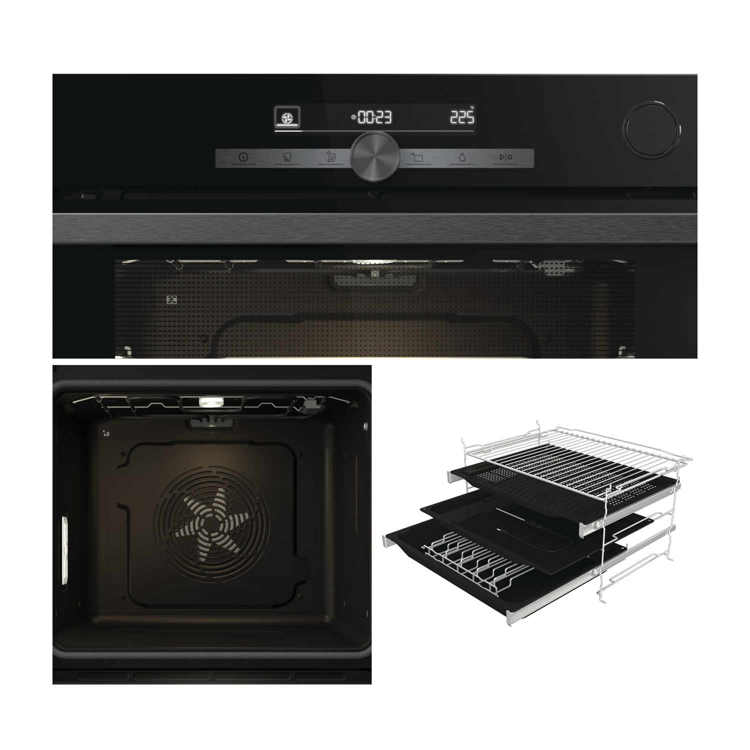 Forno nero con display digitale che mostra ora e temperatura. All'interno, sono visibili una ventola e ripiani. Le teglie sono su una griglia.