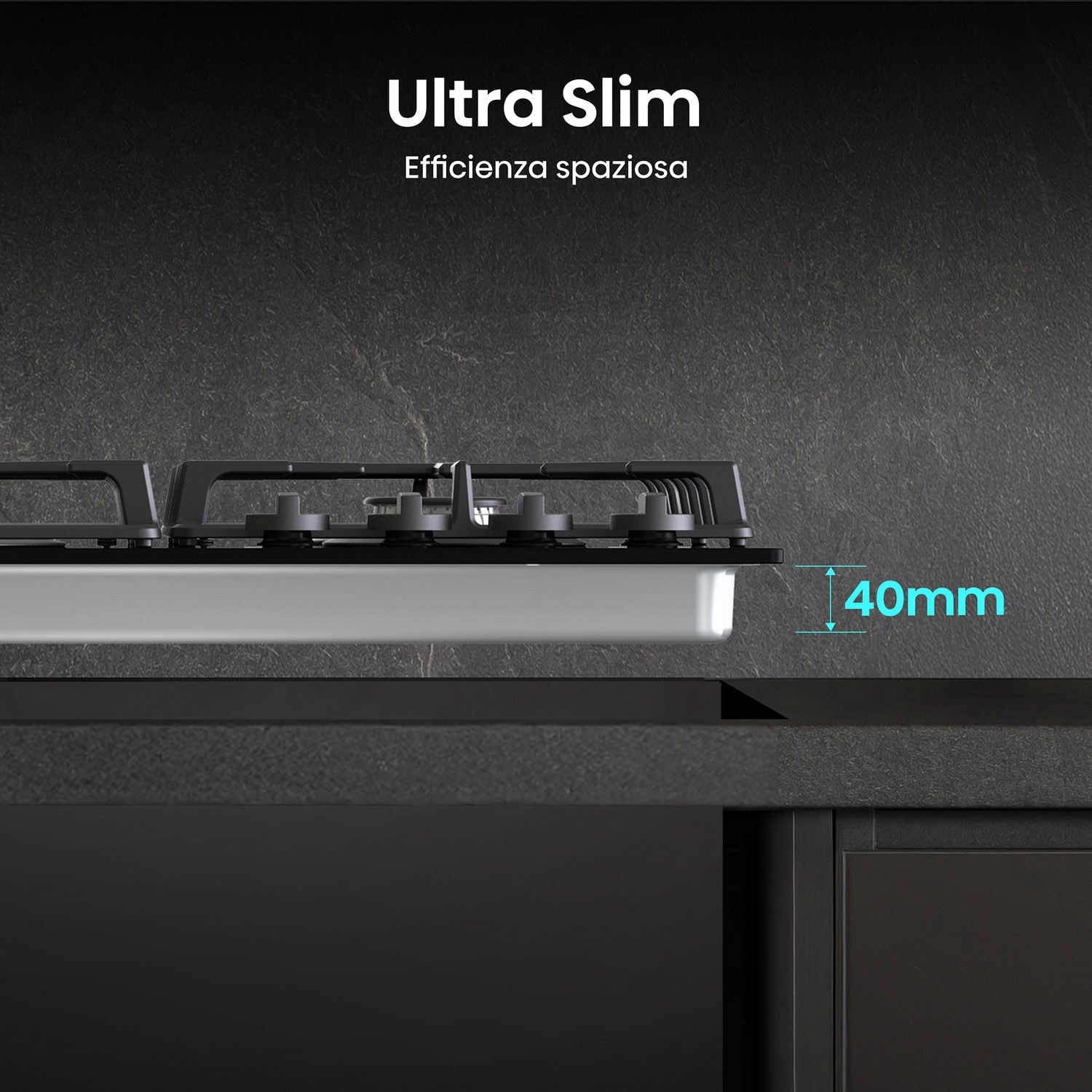 Un primo piano di un fornello a gas nero con testo Ultra Slim. Il fornello è su un piano di lavoro scuro. Viene indicata una misura di 40 mm.