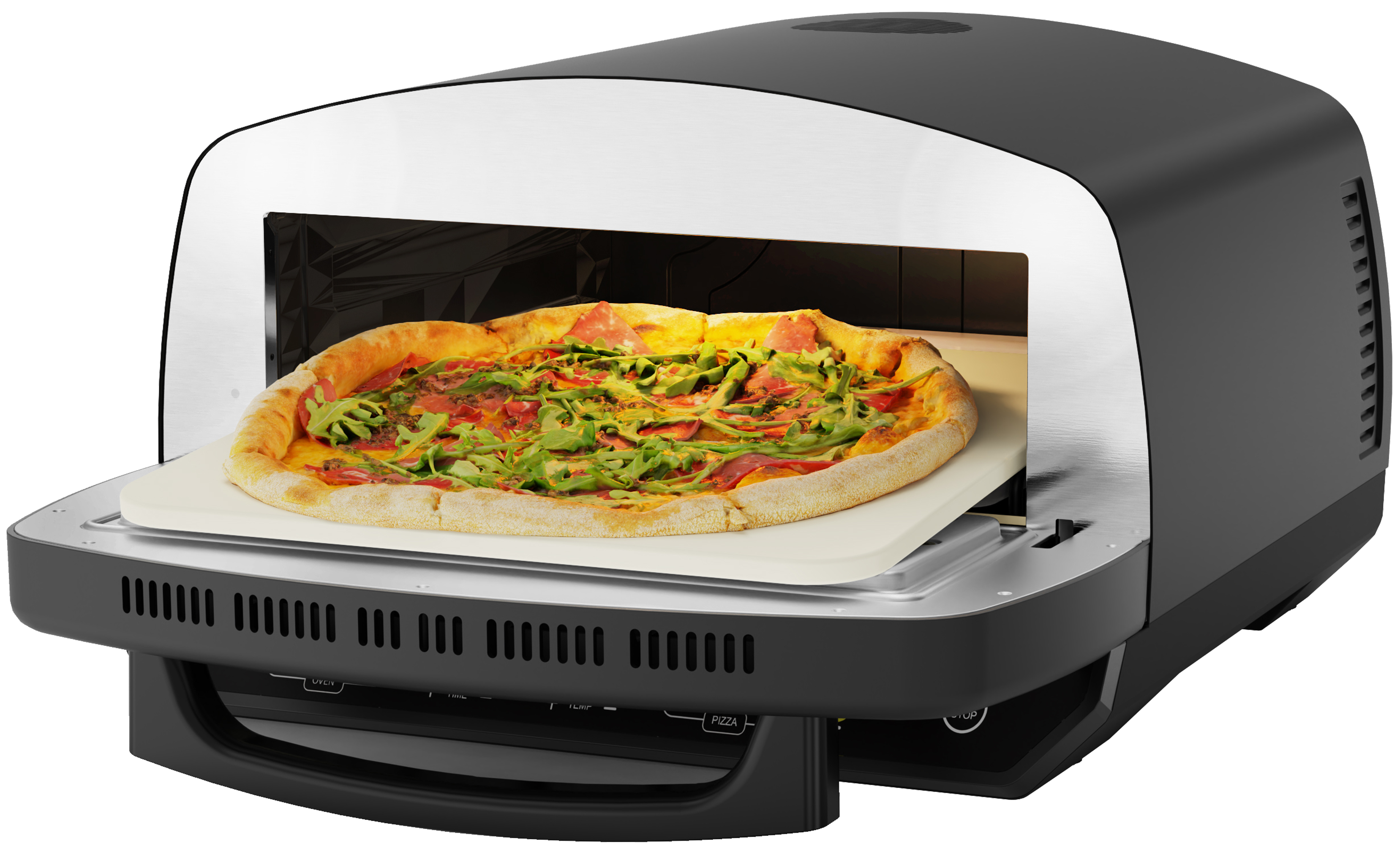 Ein Pizzaofen mit einer darin gebackenen Pizza. Die Pizza hat Beläge, darunter Rucola. Der Ofen ist schwarz und silber.