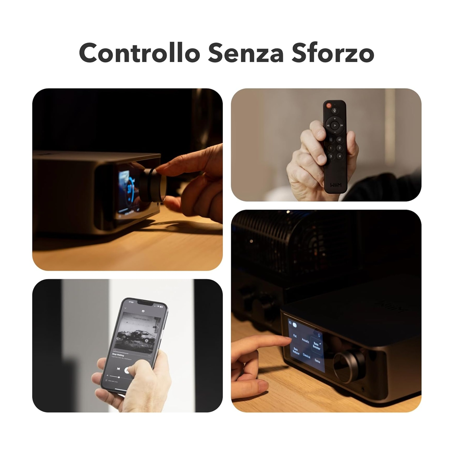 L'immagine mostra un dispositivo con schermo e telecomando. Una mano ruota una manopola sul dispositivo. Un'altra mano tiene un telecomando. Un telefono mostra un'app musicale.