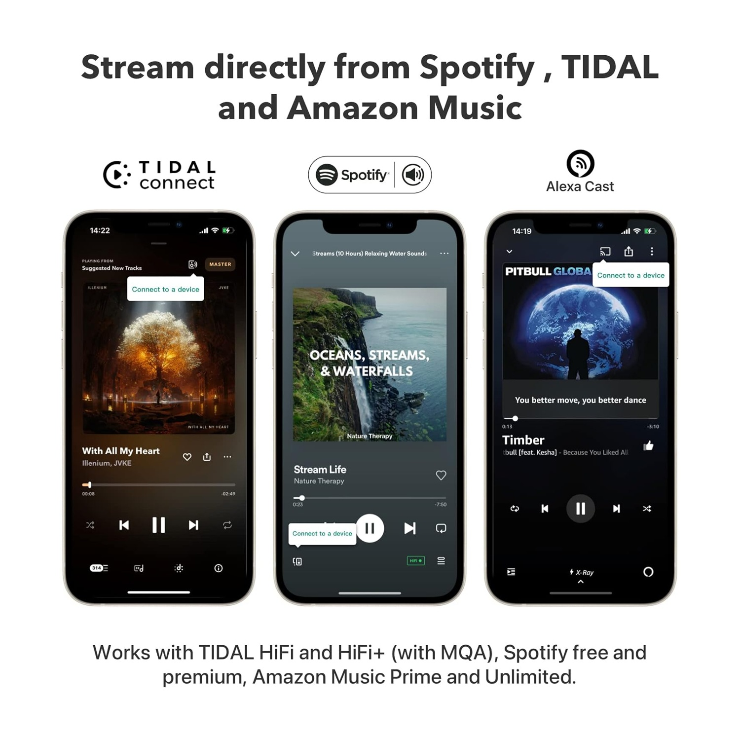 Tre smartphone mostrano app musicali: Tidal, Spotify e Amazon Music. Testi mostrano 'Trasmetti direttamente da...' e compatibilità.
