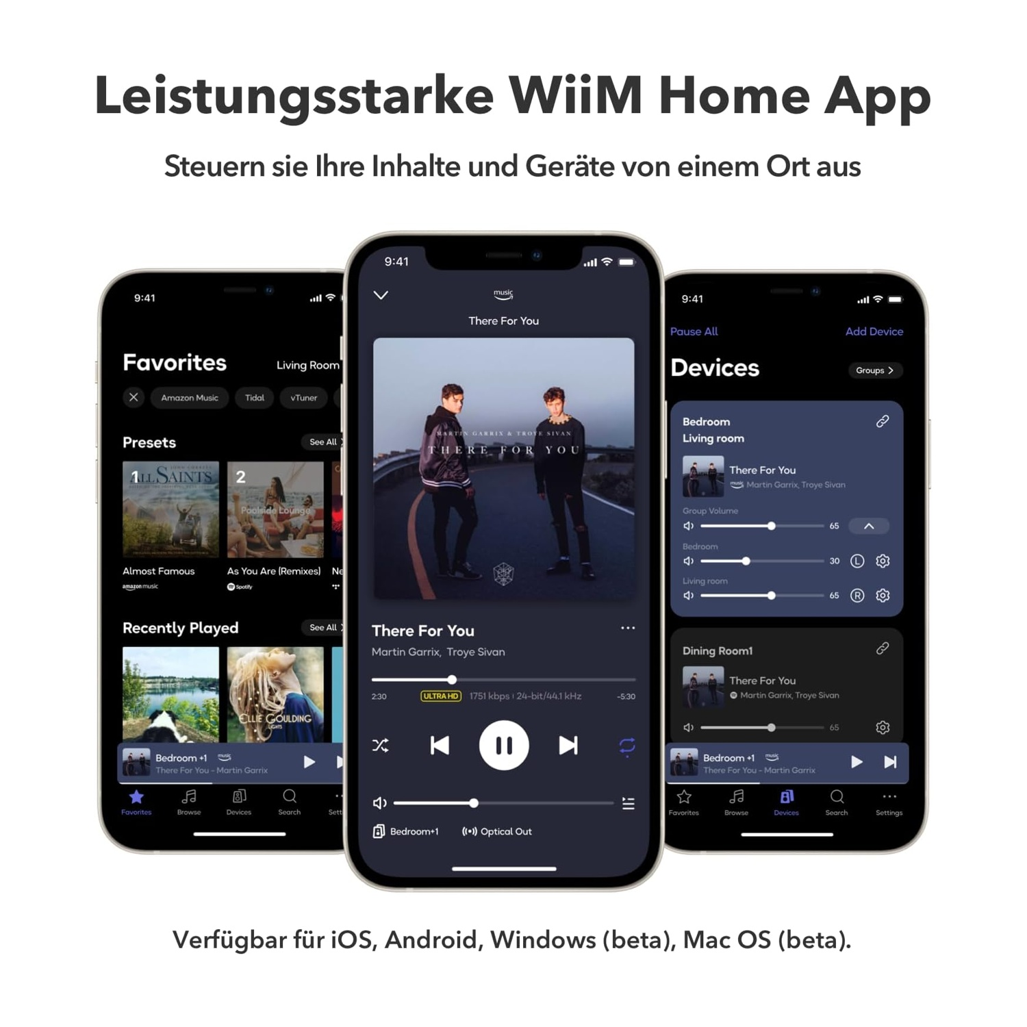 Tre smartphone mostrano l'interfaccia di un'app musicale. L'app mostra controlli e playlist.