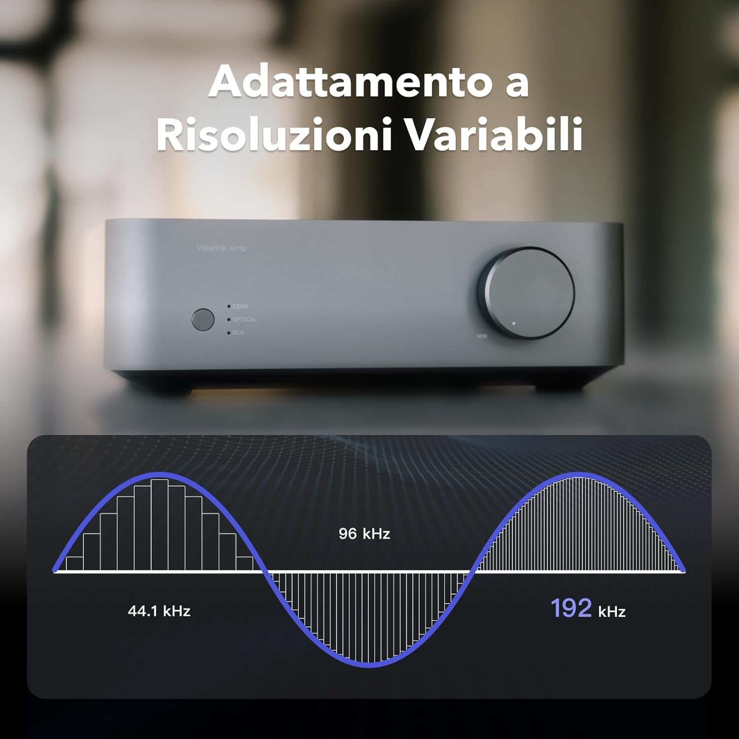 Un amplificatore argentato con una manopola del volume, con una forma d'onda che mostra diversi valori di kHz. Testo: 'Adattamento a Risoluzioni Variabili'.