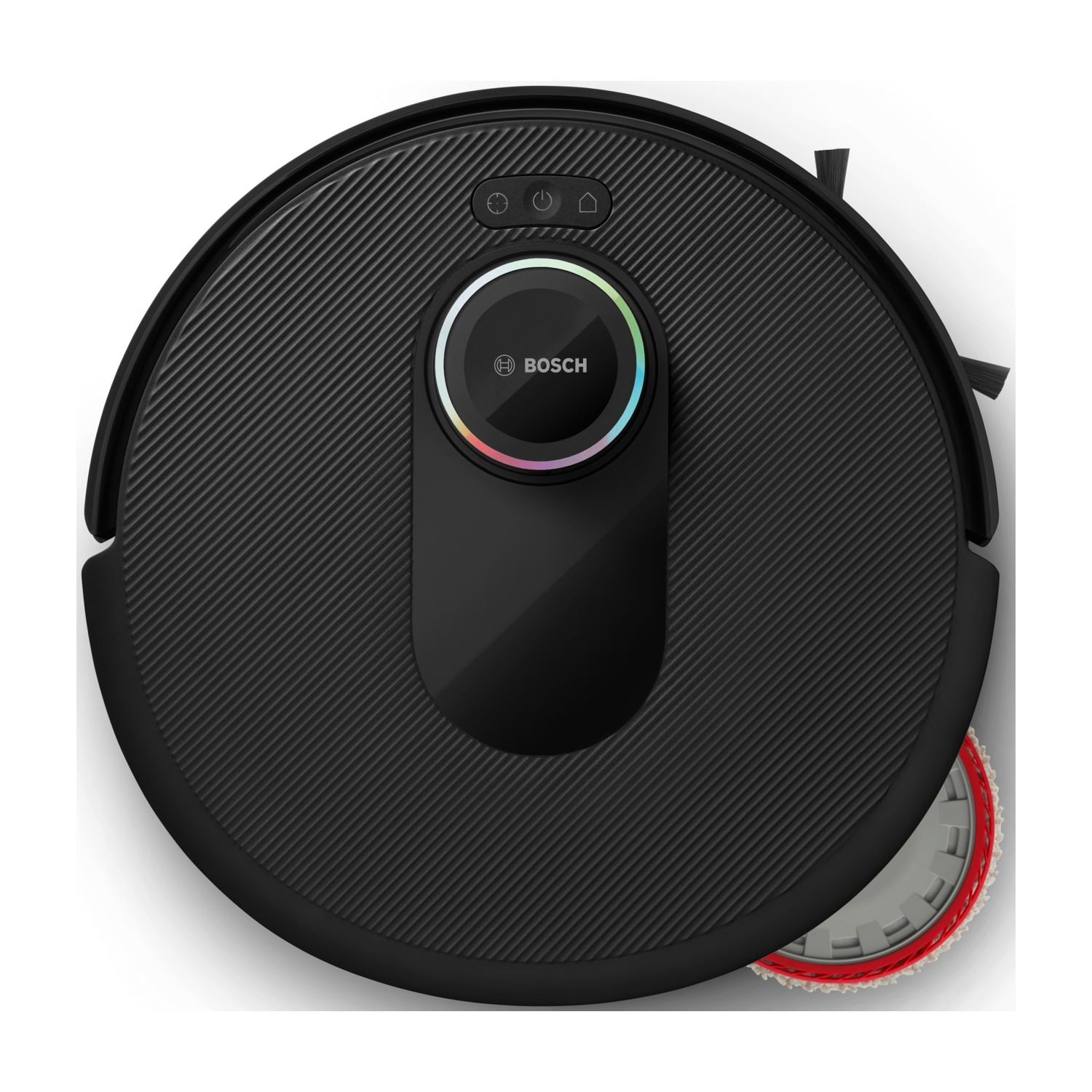 Un aspirapolvere robot Bosch nero. Ha una forma rotonda con una superficie strutturata e una luce colorata nella parte anteriore.