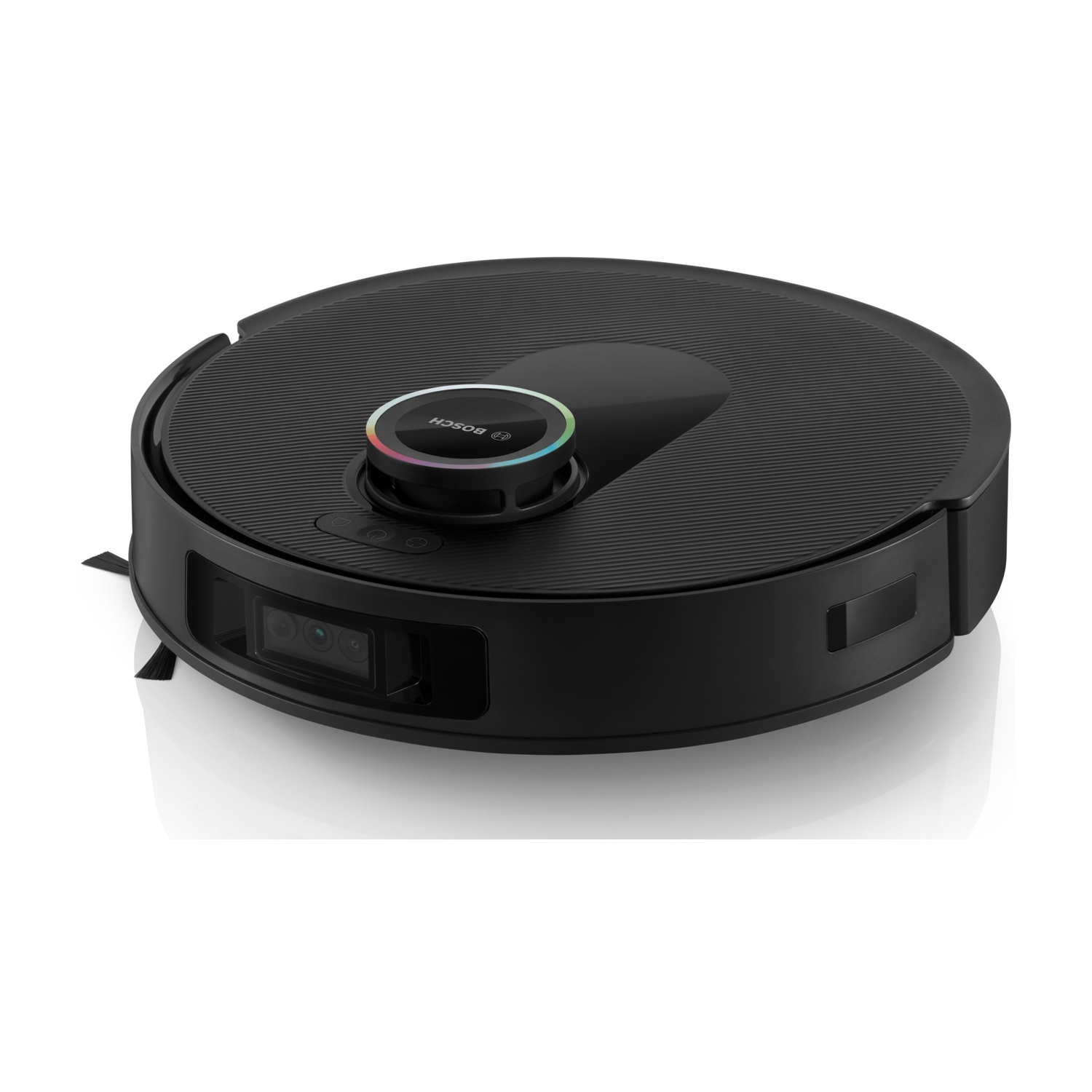 Un robot aspirapolvere nero su una superficie bianca. Ha una forma rotonda con pannello di controllo e fotocamera.
