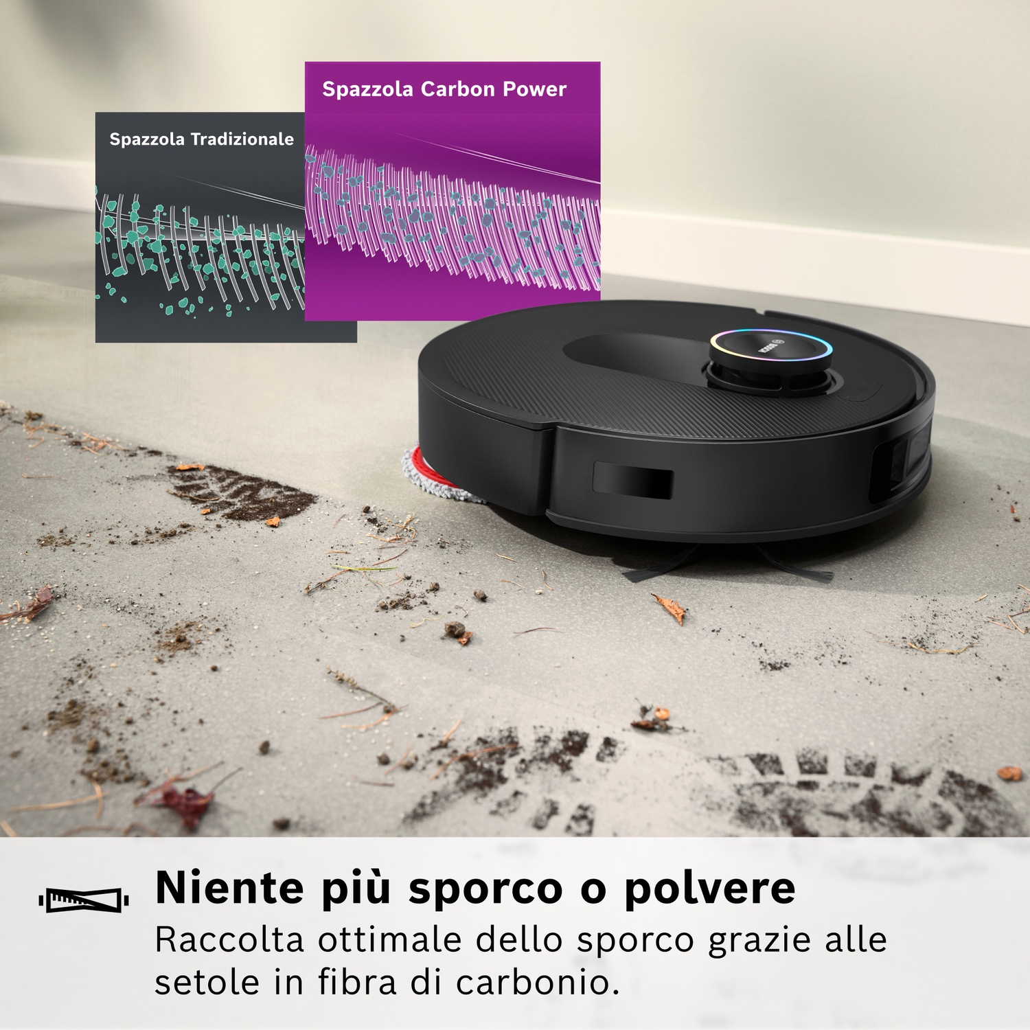Un robot aspirapolvere nero su un pavimento sporco. Due diagrammi mostrano i tipi di spazzole. Il testo dice 'Niente più sporco o polvere'.