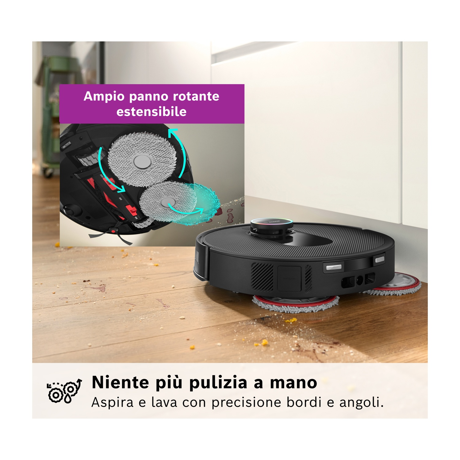 Un aspirapolvere robot nero pulisce un pavimento in legno. Il testo dice 'Panno rotante estensibile ampio' e 'Niente più pulizia a mano'.