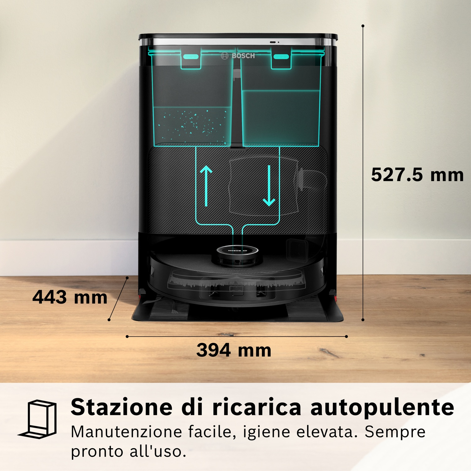 Una stazione di ricarica autopulente Bosch nera con dimensioni. Un aspirapolvere robot è in basso. Il testo recita 'Facile manutenzione'.