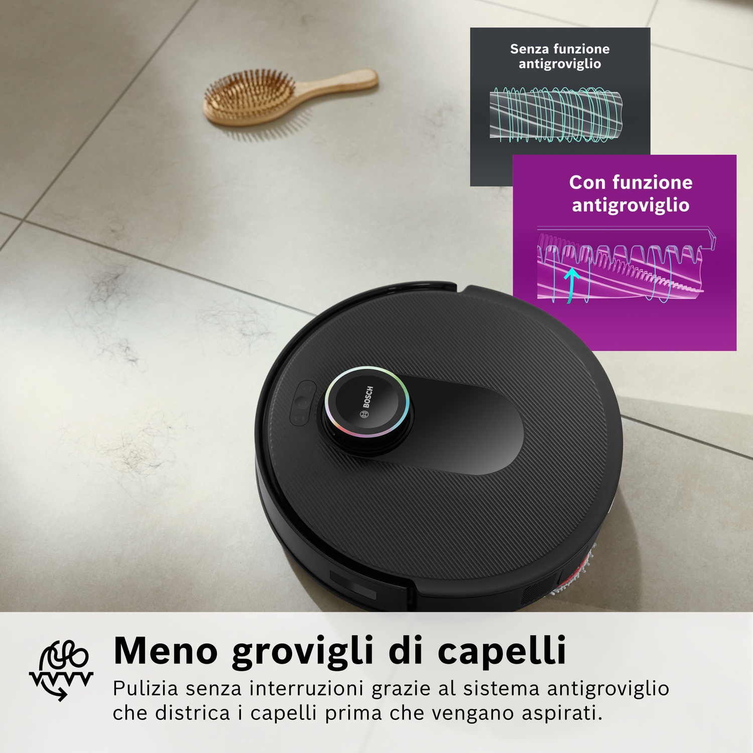Un robot aspirapolvere nero con spazzola e capelli sul pavimento. I diagrammi mostrano la tecnologia anti-groviglio.