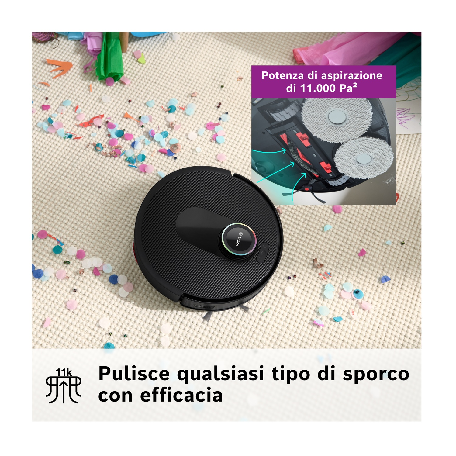 Un aspirapolvere robot nero su un tappeto con coriandoli. Un'immagine mostra il meccanismo di pulizia. Testo: Pulisce efficacemente qualsiasi tipo di sporco.