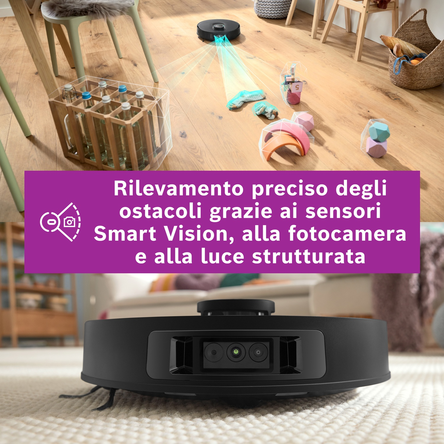 Un robot aspirapolvere nero su un pavimento di legno. Giocattoli e bottiglie d'acqua sono sparsi. Una sovrapposizione di testo dice 'Smart Vision'.