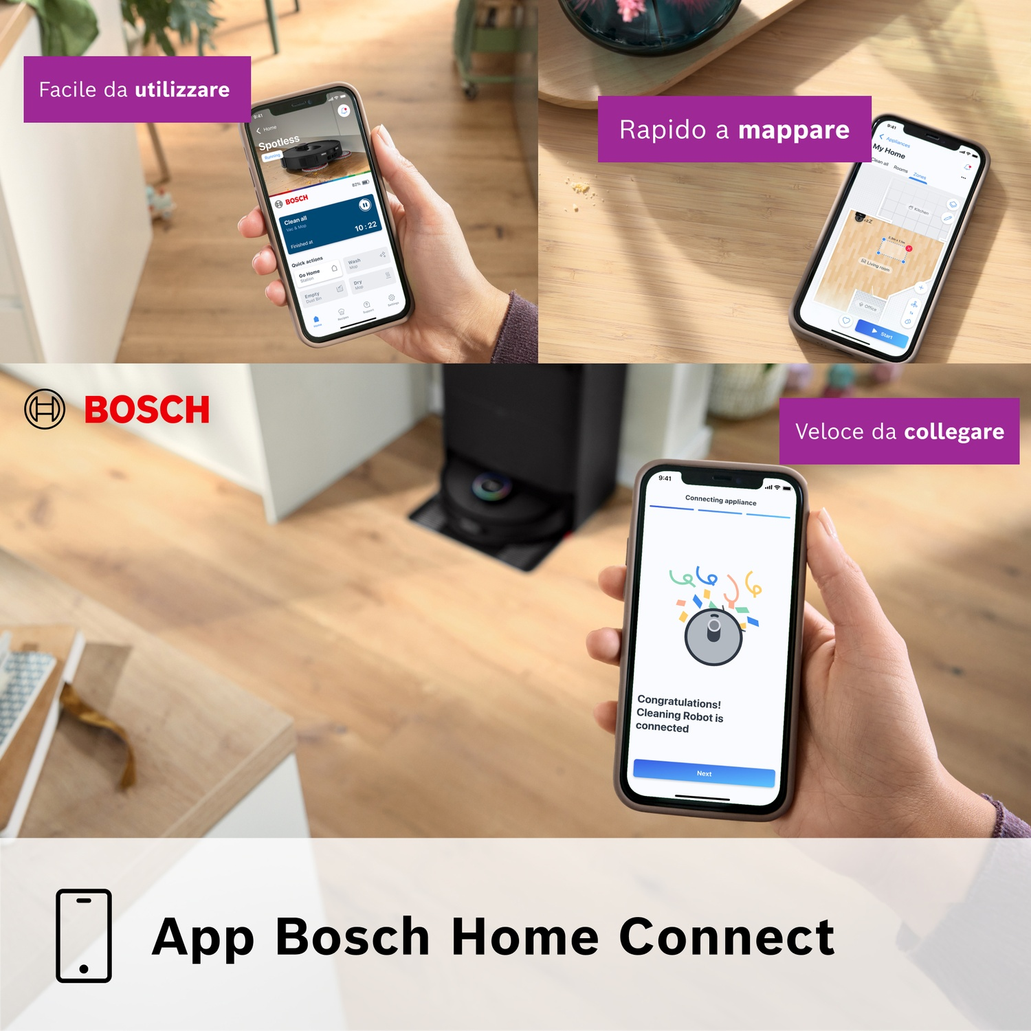 L'immagine mostra un telefono con l'app Bosch. Mostra un'interfaccia per robot di pulizia, una mappa e una schermata di connessione. Include il logo Bosch.