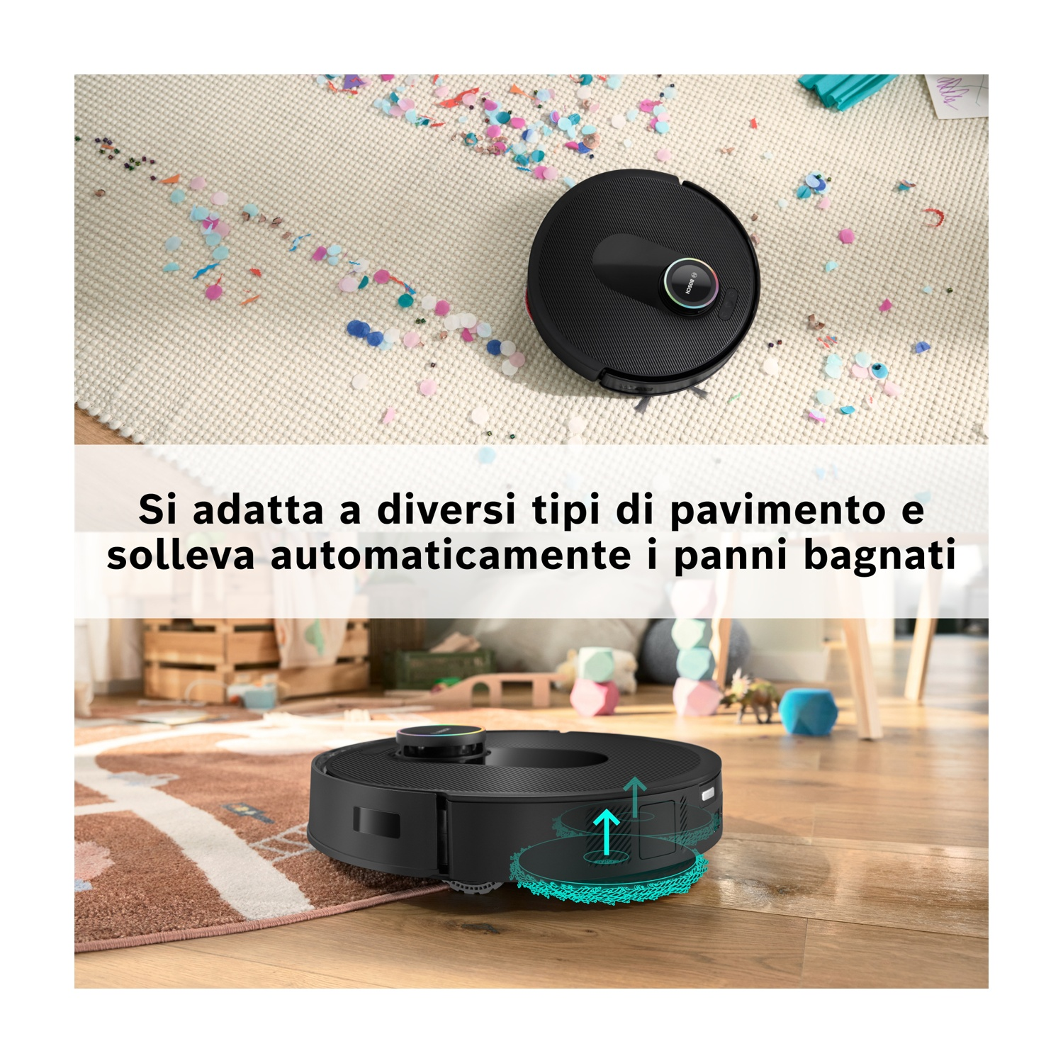 Un aspirapolvere robot nero su un tappeto con coriandoli. Il testo dice che si adatta a diversi tipi di pavimento.