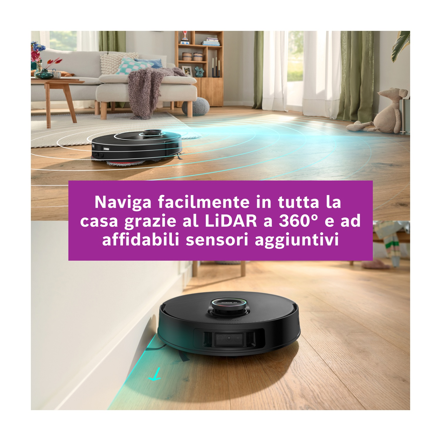 Un aspirapolvere robot nero su pavimento in legno, con divano e mobili sullo sfondo. Testo: 'Naviga facilmente'.