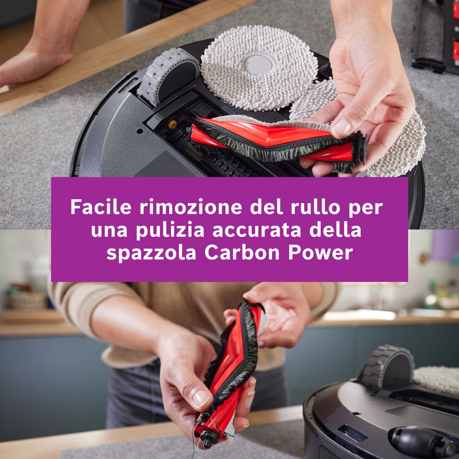 Una persona tiene in mano una spazzola rossa e nera di un aspirapolvere robot. Lo sfondo mostra l'aspirapolvere e i panni per la pulizia.