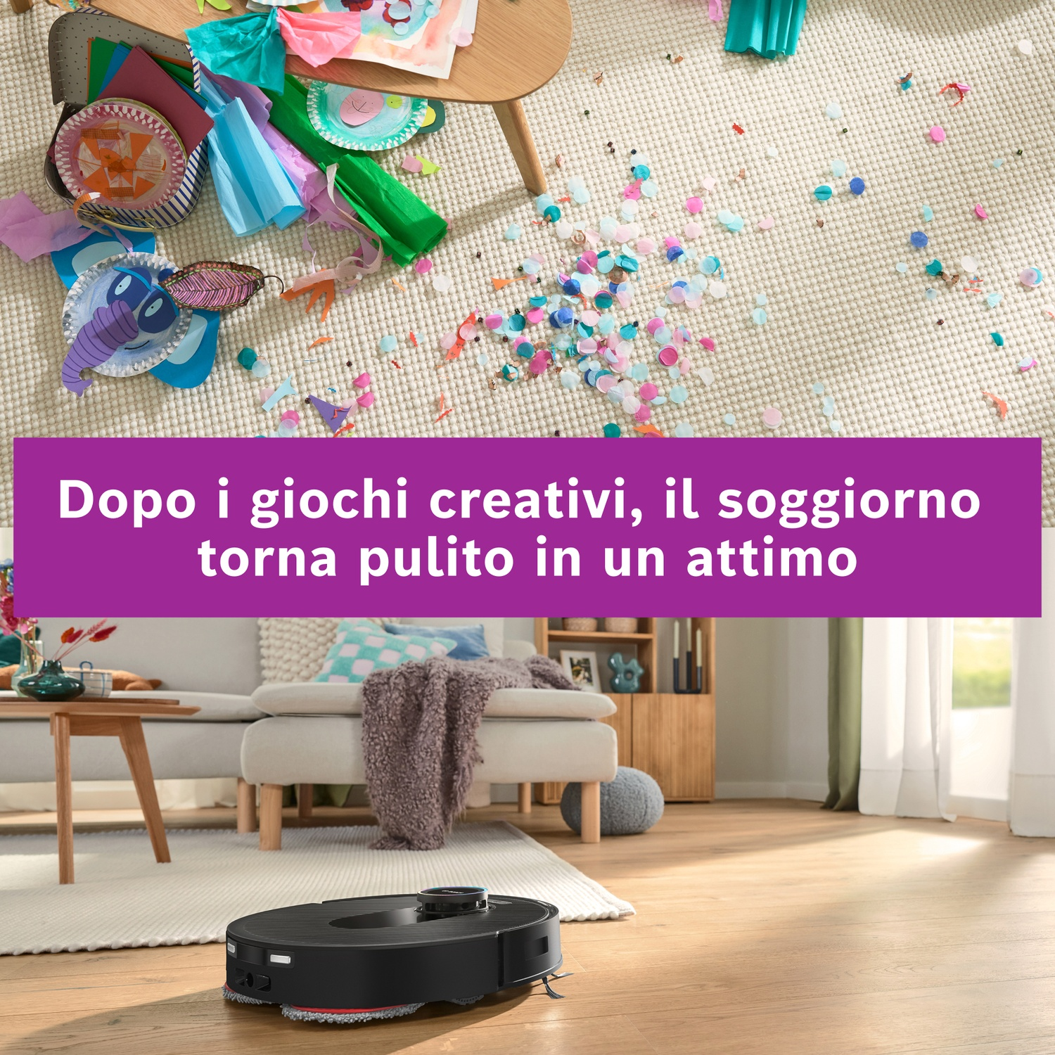 Un robot aspirapolvere pulisce un soggiorno. Coriandoli e oggetti artigianali sono sul tappeto. Un divano e un tavolo sono sullo sfondo.