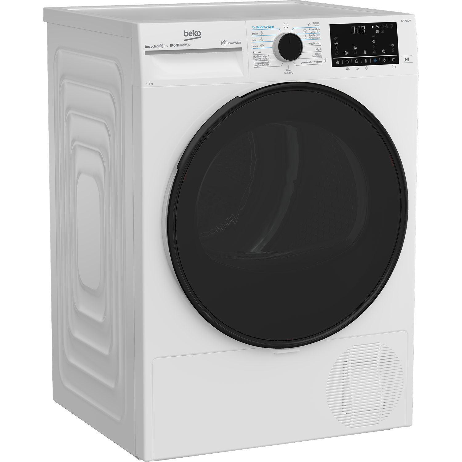 A white Beko dryer with a black door. It has a control panel on the right with buttons and a digital display.