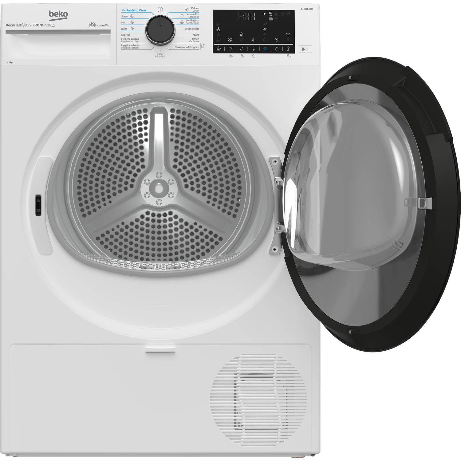 A white Beko dryer with an open door. Controls and a digital display are visible. The door is black-rimmed and clear.