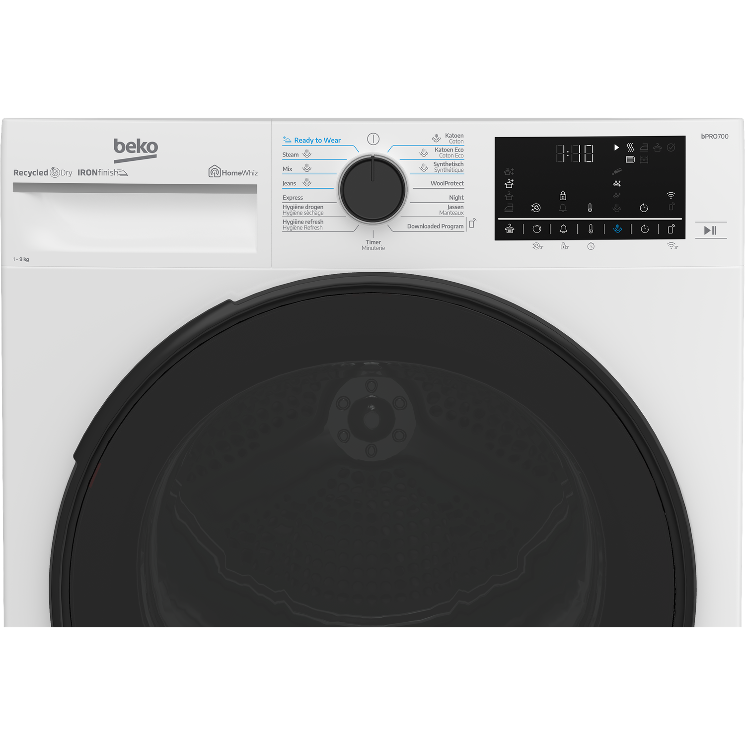 A white Beko dryer with a black door. It has a control panel with settings and a digital display.