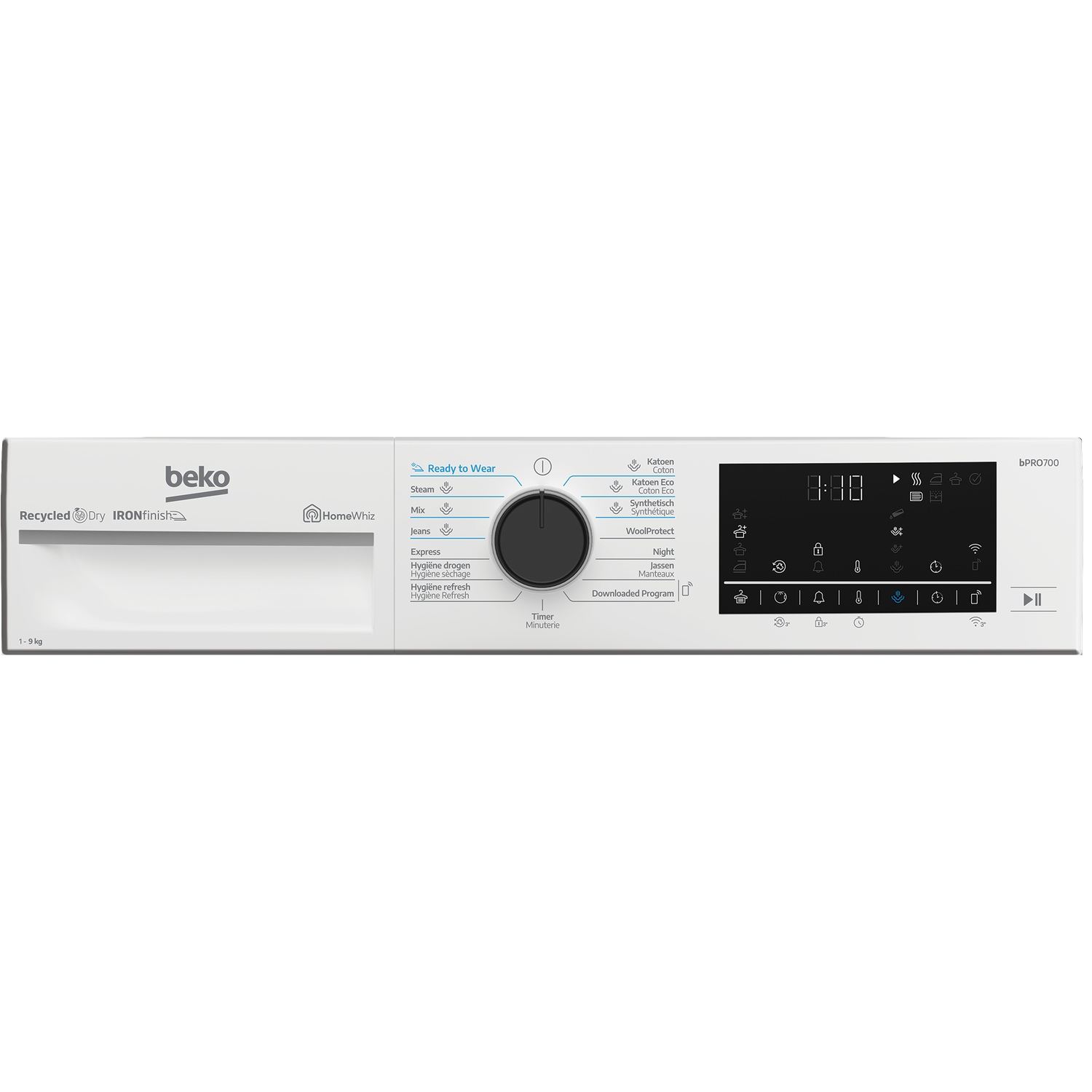 A white Beko washing machine control panel with various program options and a digital display showing time.