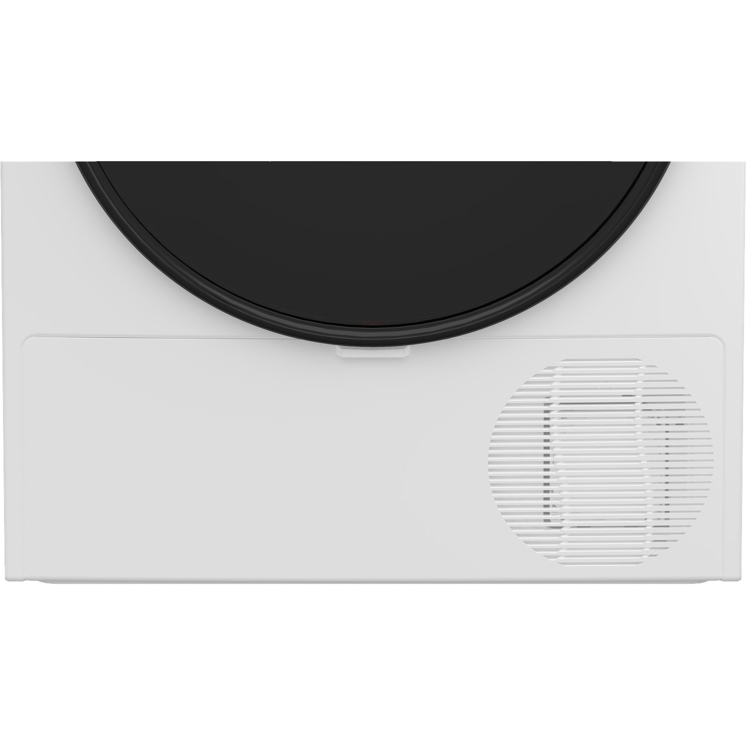 Top view of a white dryer. It has a black circular opening at the top and a vent on the right side.