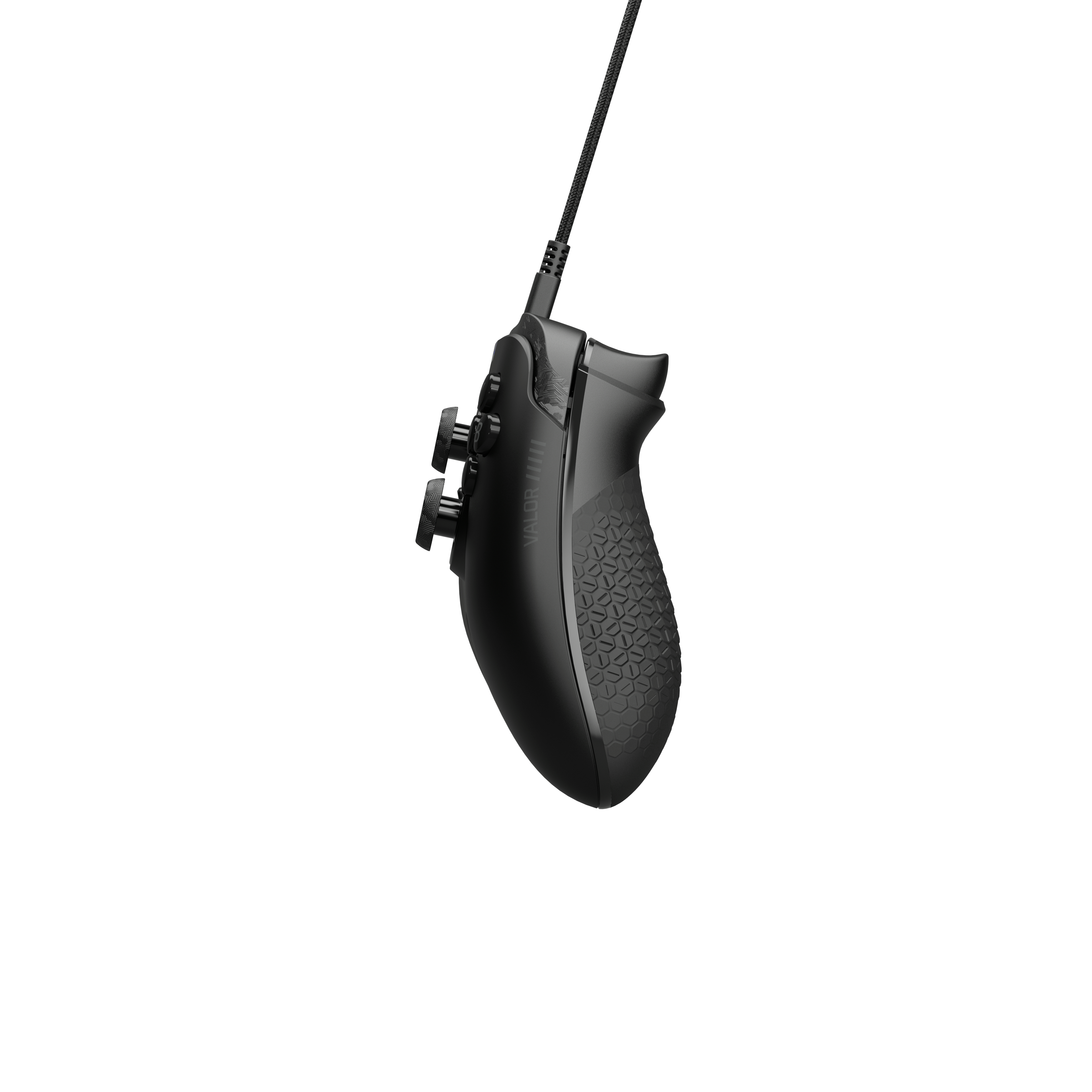 Schwarzer Gaming-Controller, Valor III, mit strukturierter Griff und Knöpfen. Aufgehängt an einem geflochtenen schwarzen Kabel, weißer Hintergrund.