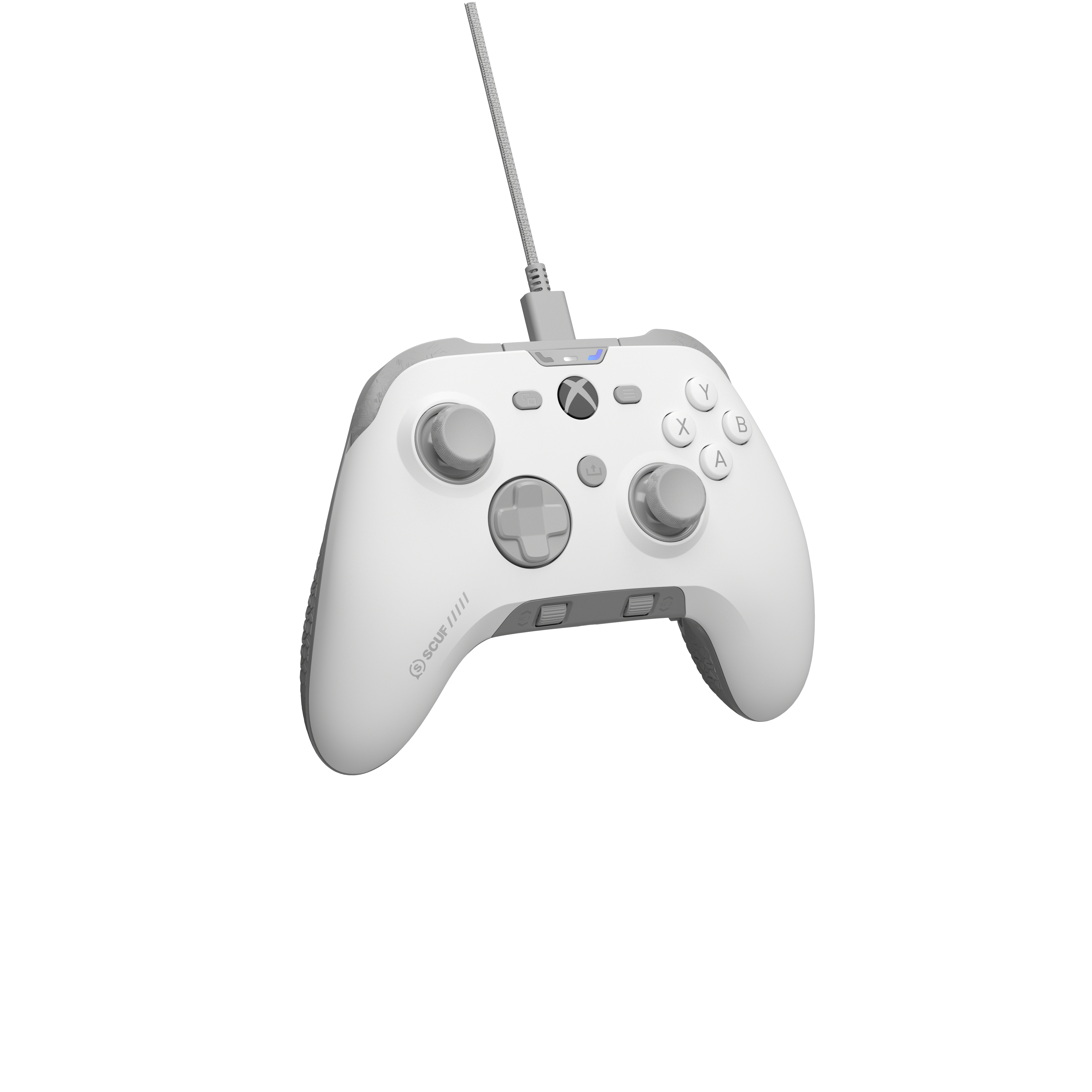 Ein weißer Xbox-Controller mit grauen Akzenten, einem Kabel und Tasten. Es ist auf weißem Hintergrund isoliert.