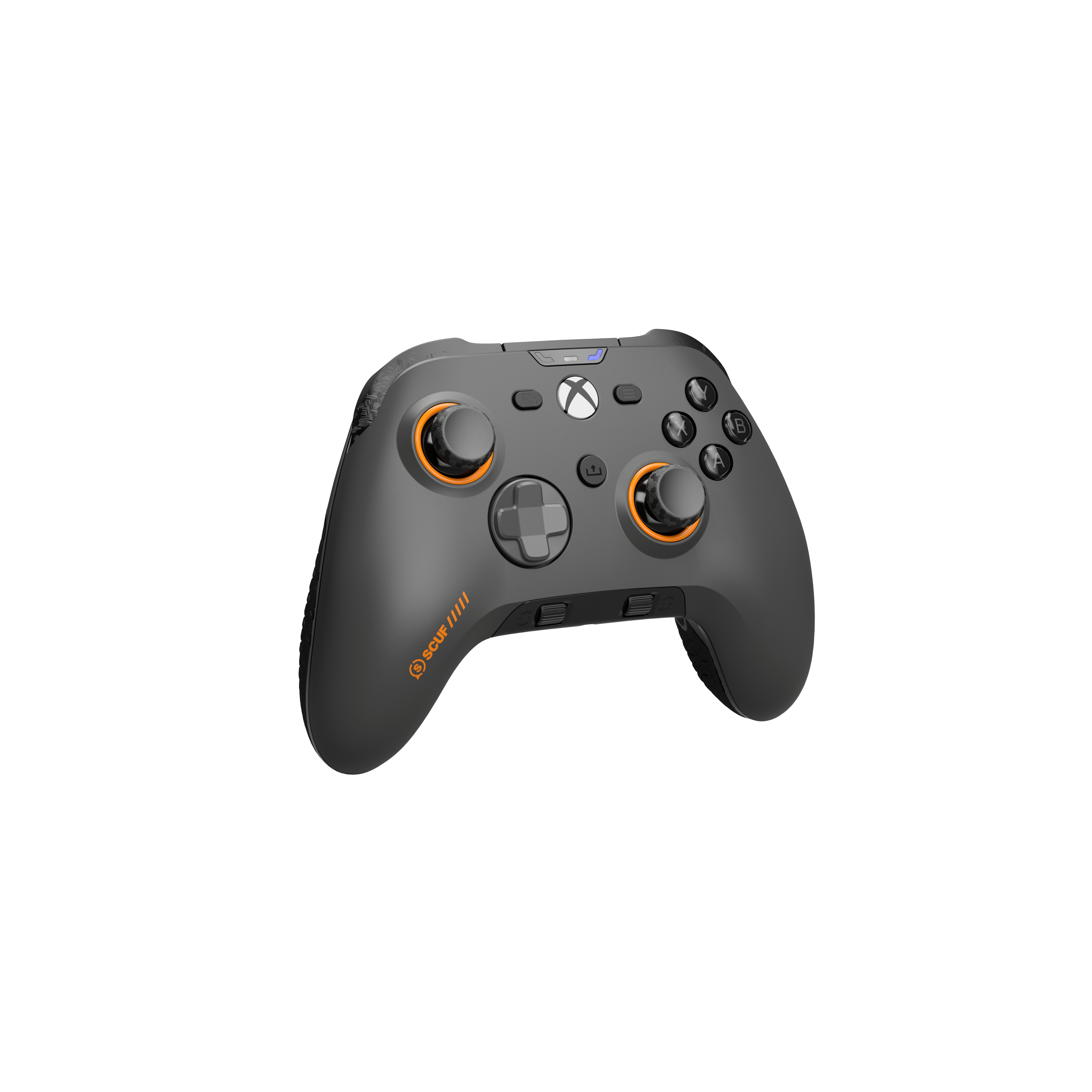 Ein schwarzer und grauer Xbox-Controller mit orangefarbenen Akzenten, Knöpfen und einem Scuf-Logo.