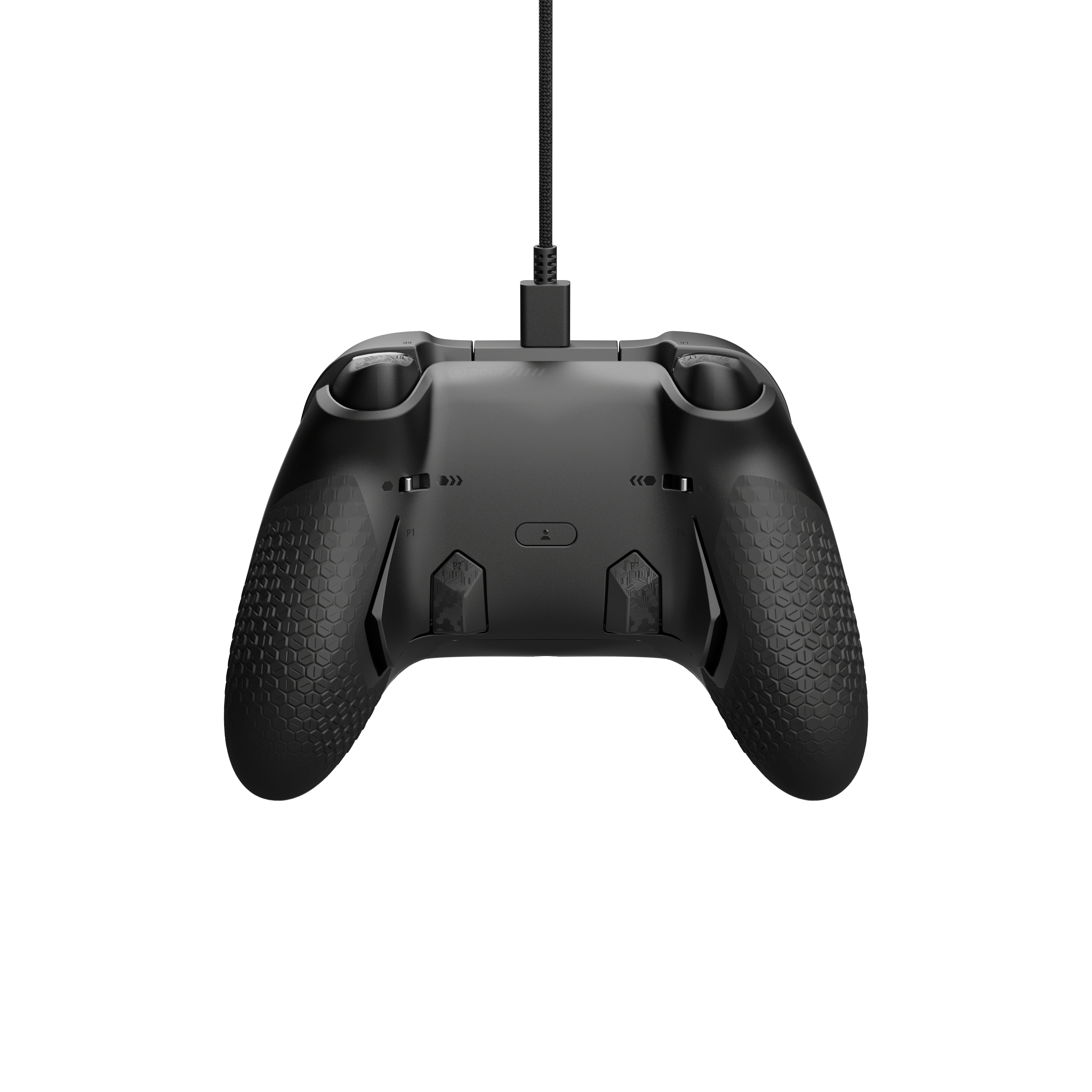 Schwarzer Gamecontroller mit strukturierten Griffen, verbunden durch ein schwarzes Kabel. Weißer Hintergrund.