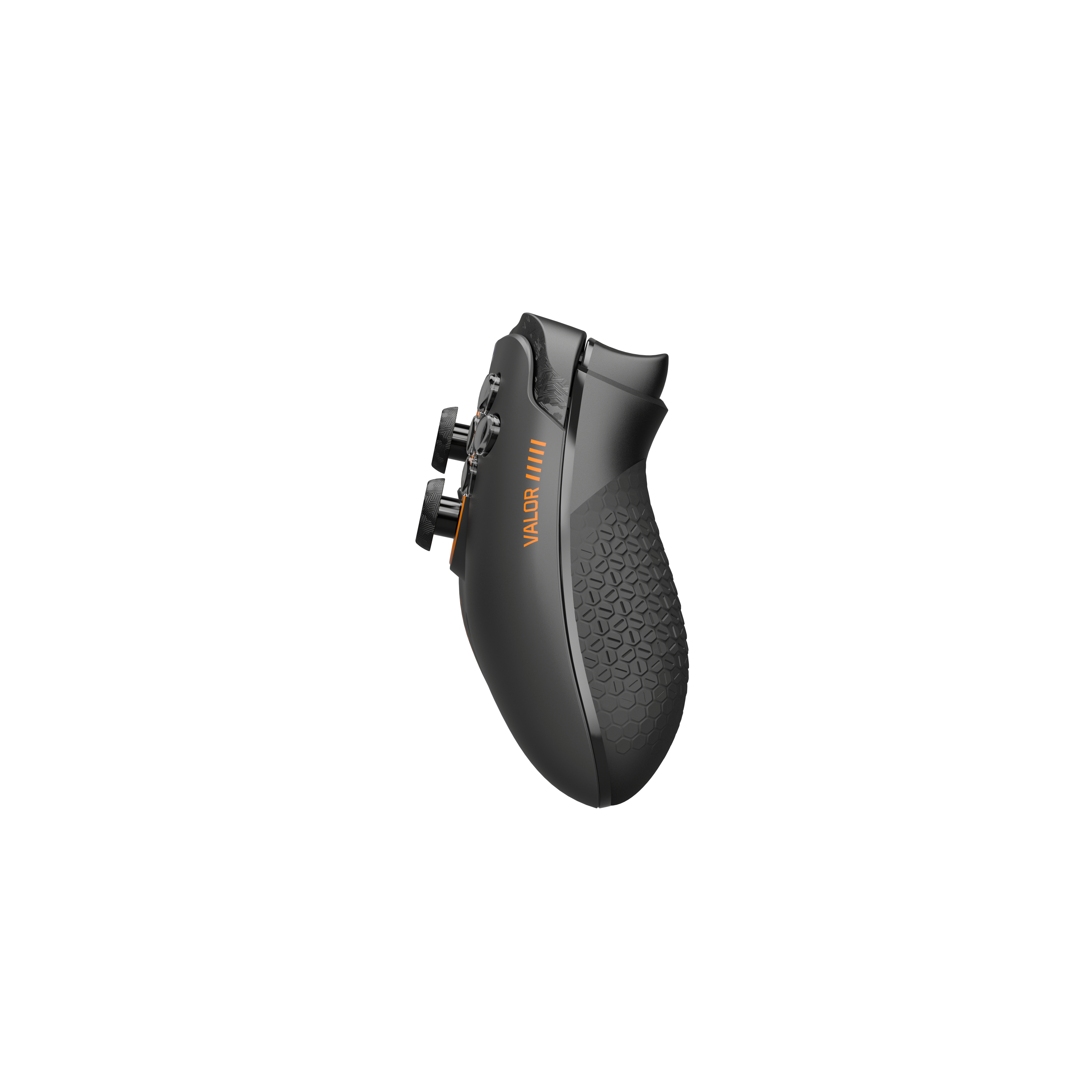Schwarzer Gamecontroller mit orangefarbenen Akzenten, Seitenansicht. Der Griff hat eine strukturierte Oberfläche.