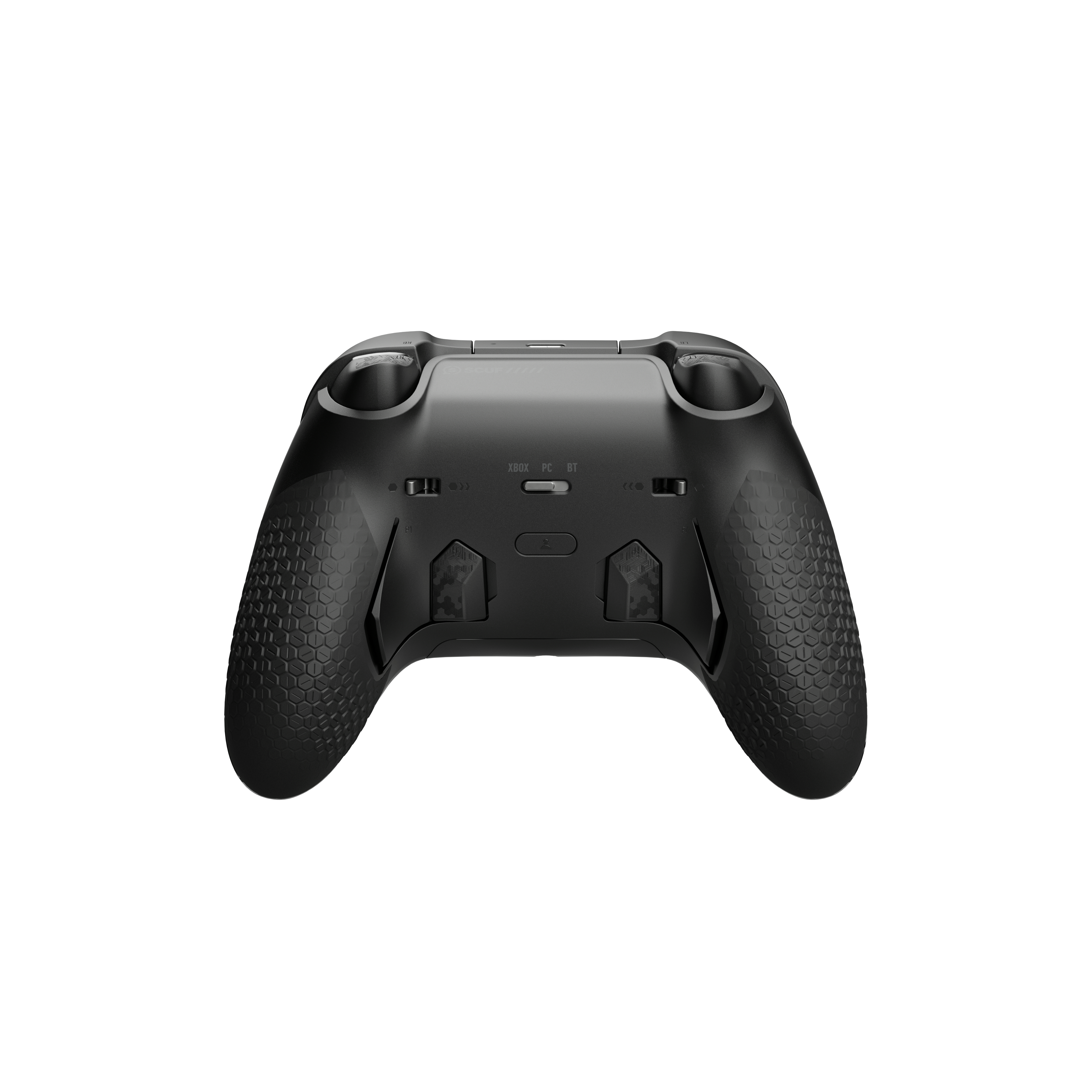 Schwarzer Gamecontroller mit strukturierten Griffen, Tasten und Triggern. Er ist auf weißem Hintergrund zentriert.